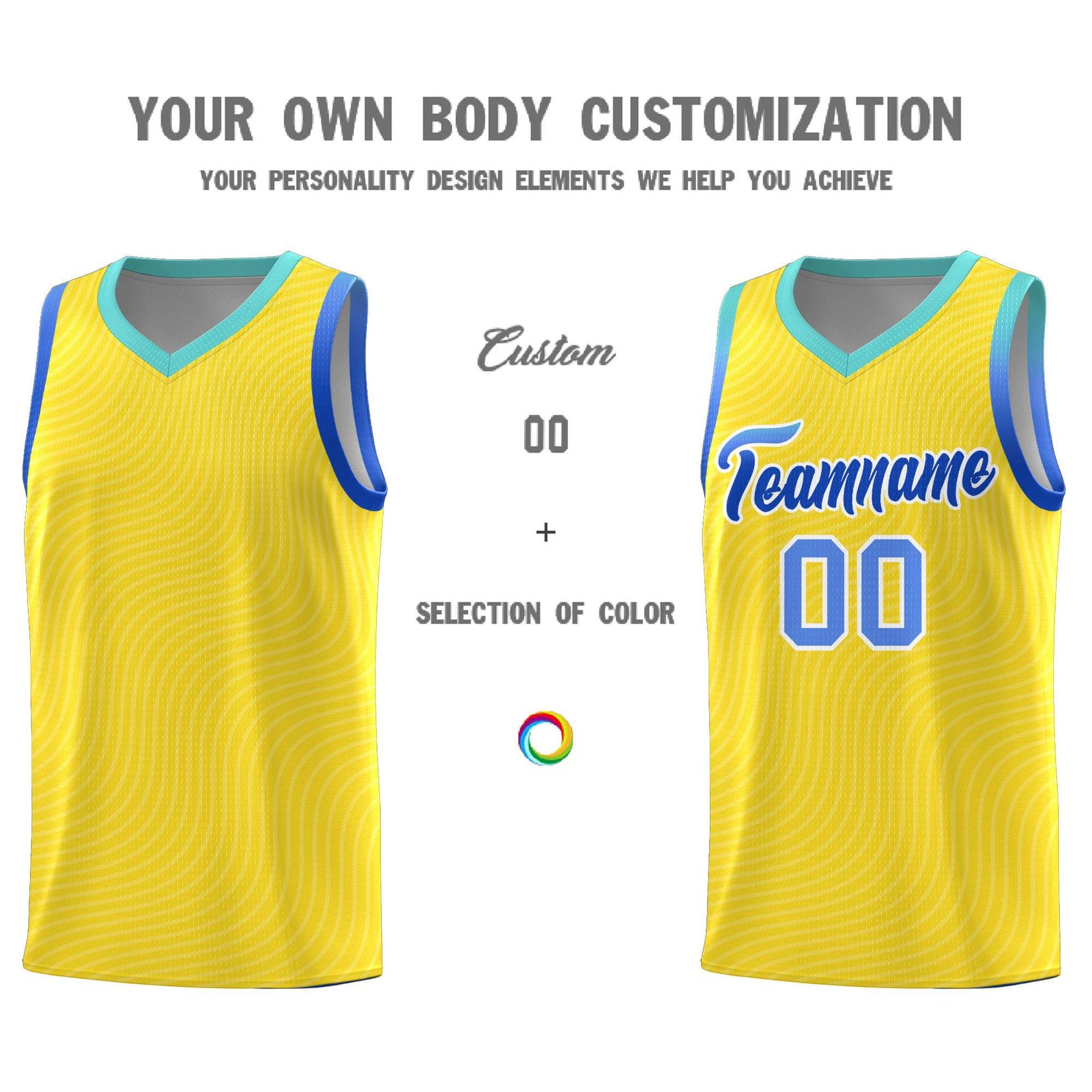 Custom Gold Bright Green Wave Pattern Sports Uniform Basketball Kits