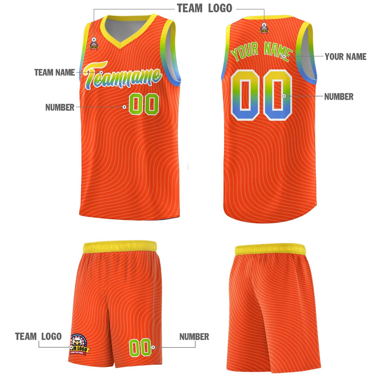 Custom Orange Gold Wave Pattern Sports Uniform Basketball Kits