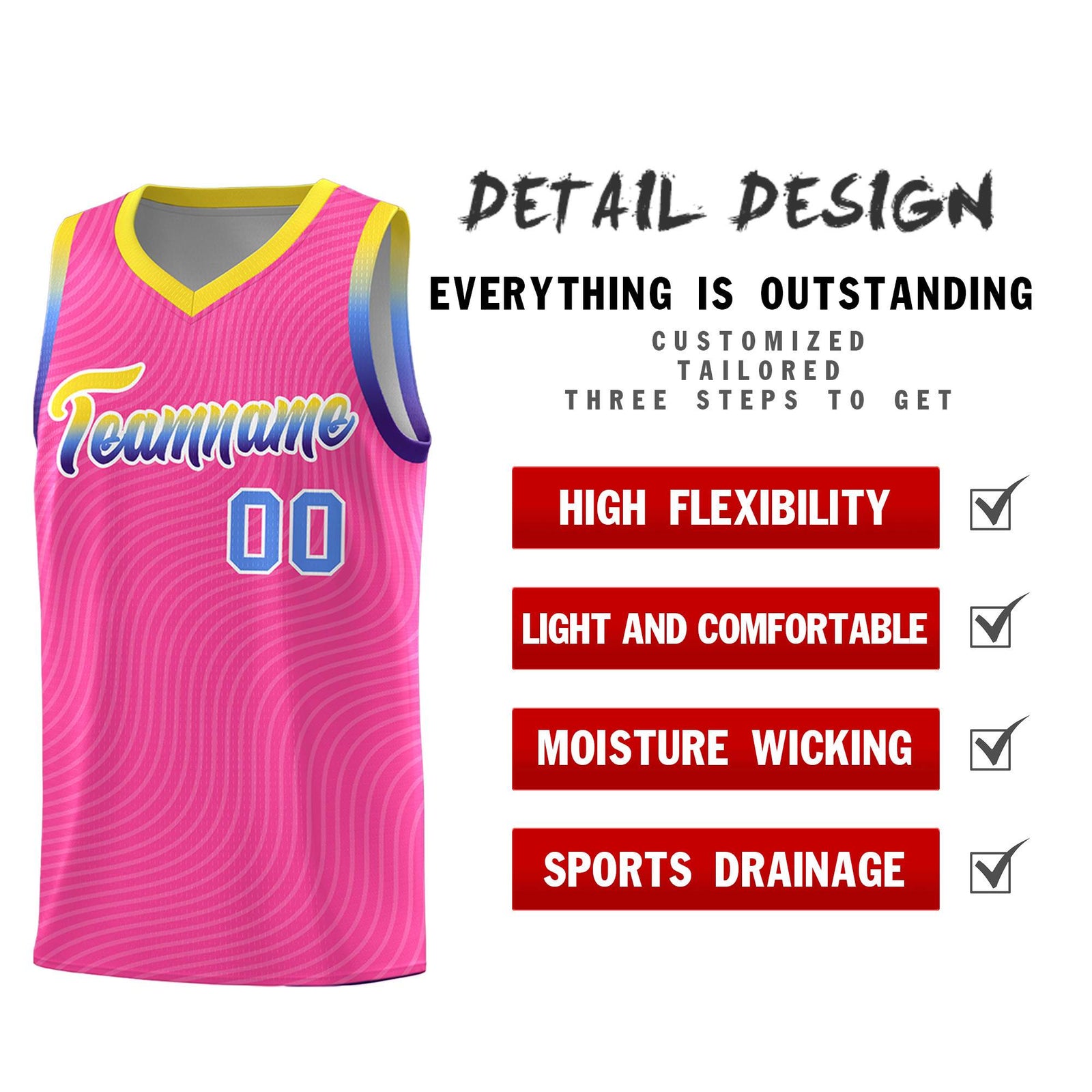 Custom Pink Gold Wave Pattern Sports Uniform Basketball Kits