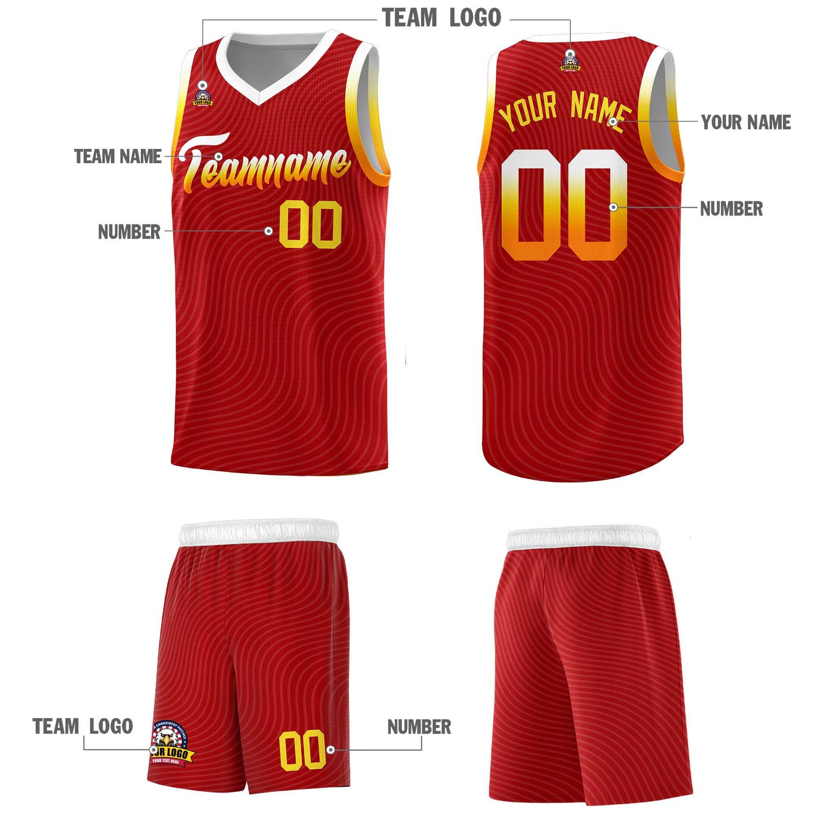 Custom Red White Wave Pattern Sports Uniform Basketball Kits