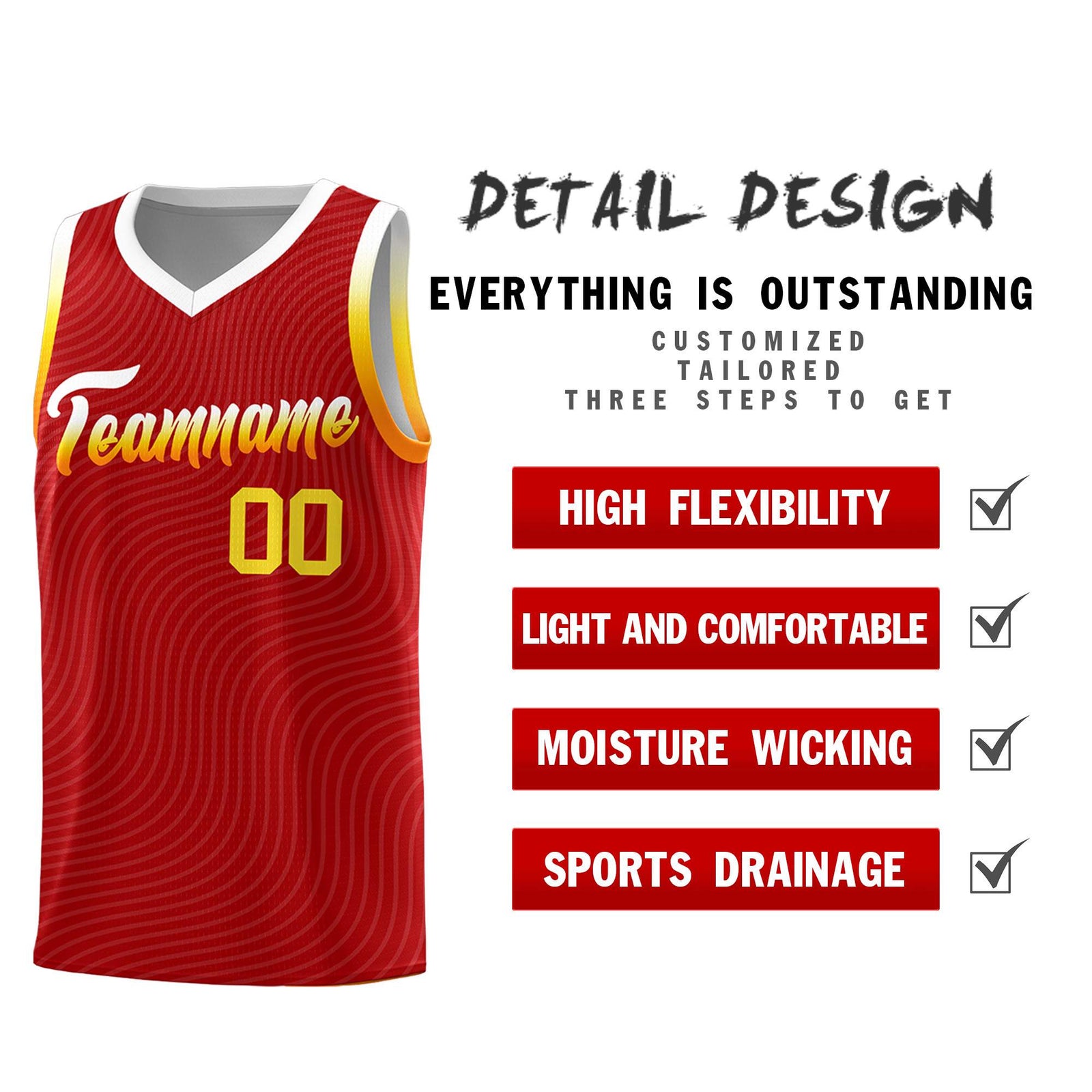 Custom Red White Wave Pattern Sports Uniform Basketball Kits
