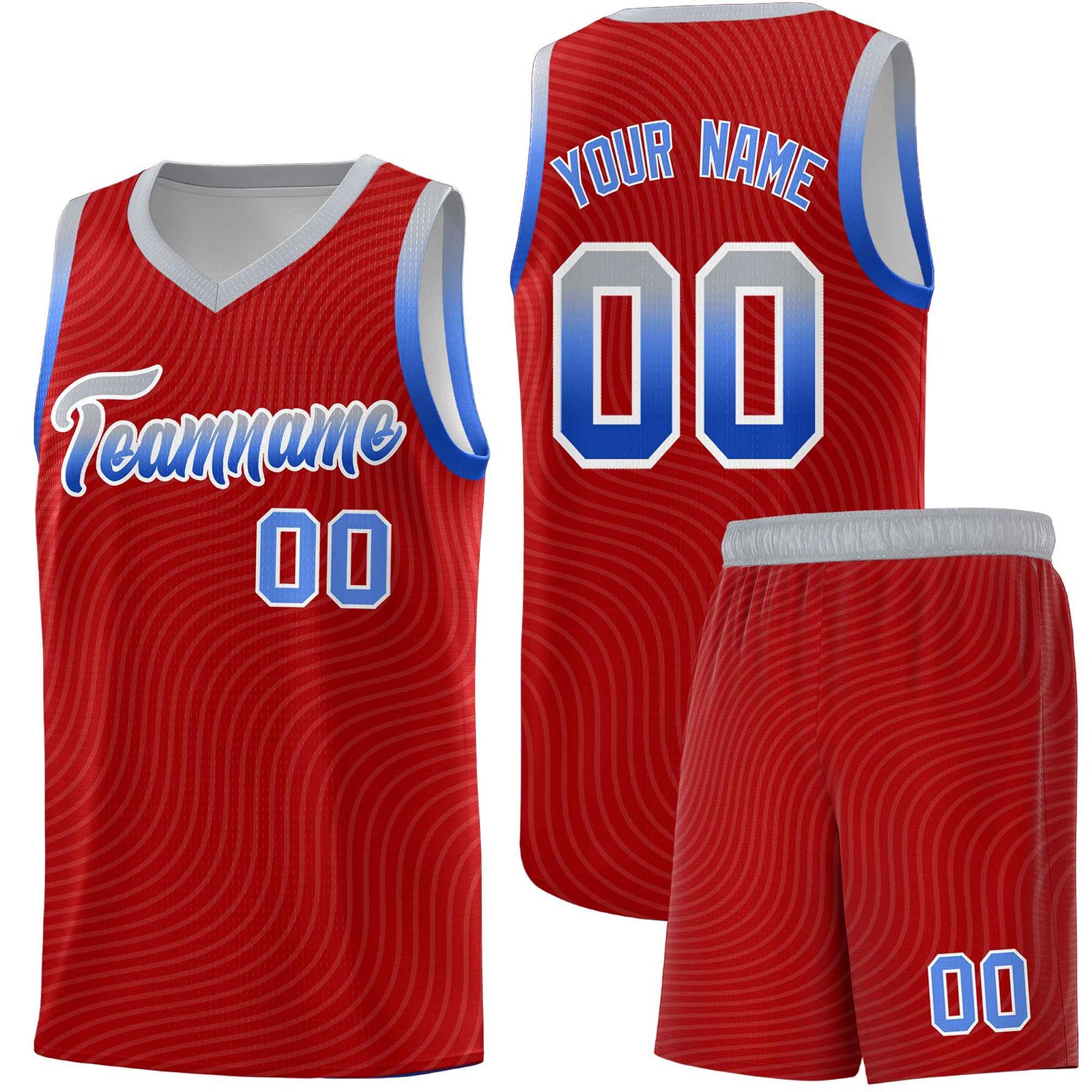Custom Red Gray Wave Pattern Sports Uniform Basketball Kits