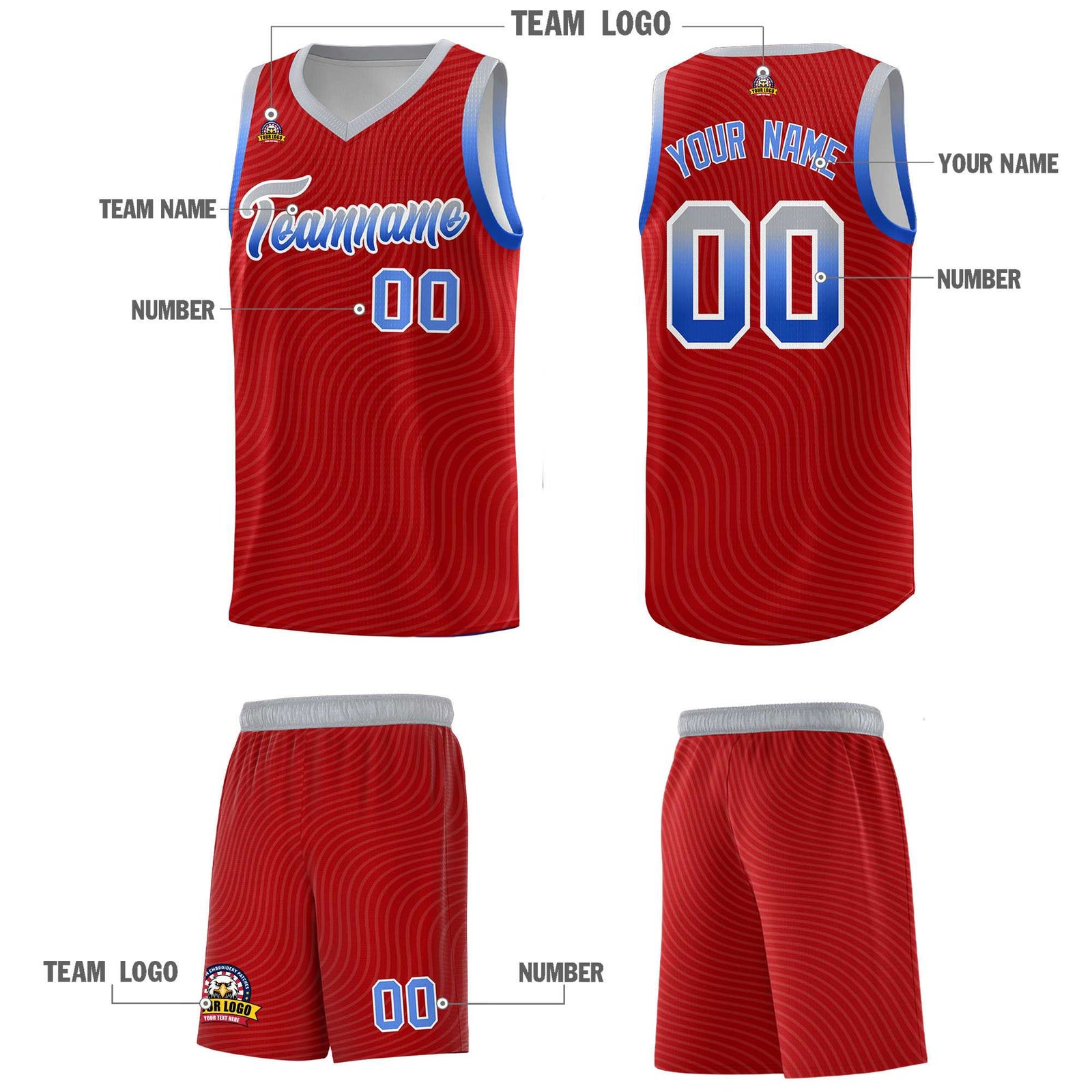 Custom Red Gray Wave Pattern Sports Uniform Basketball Kits