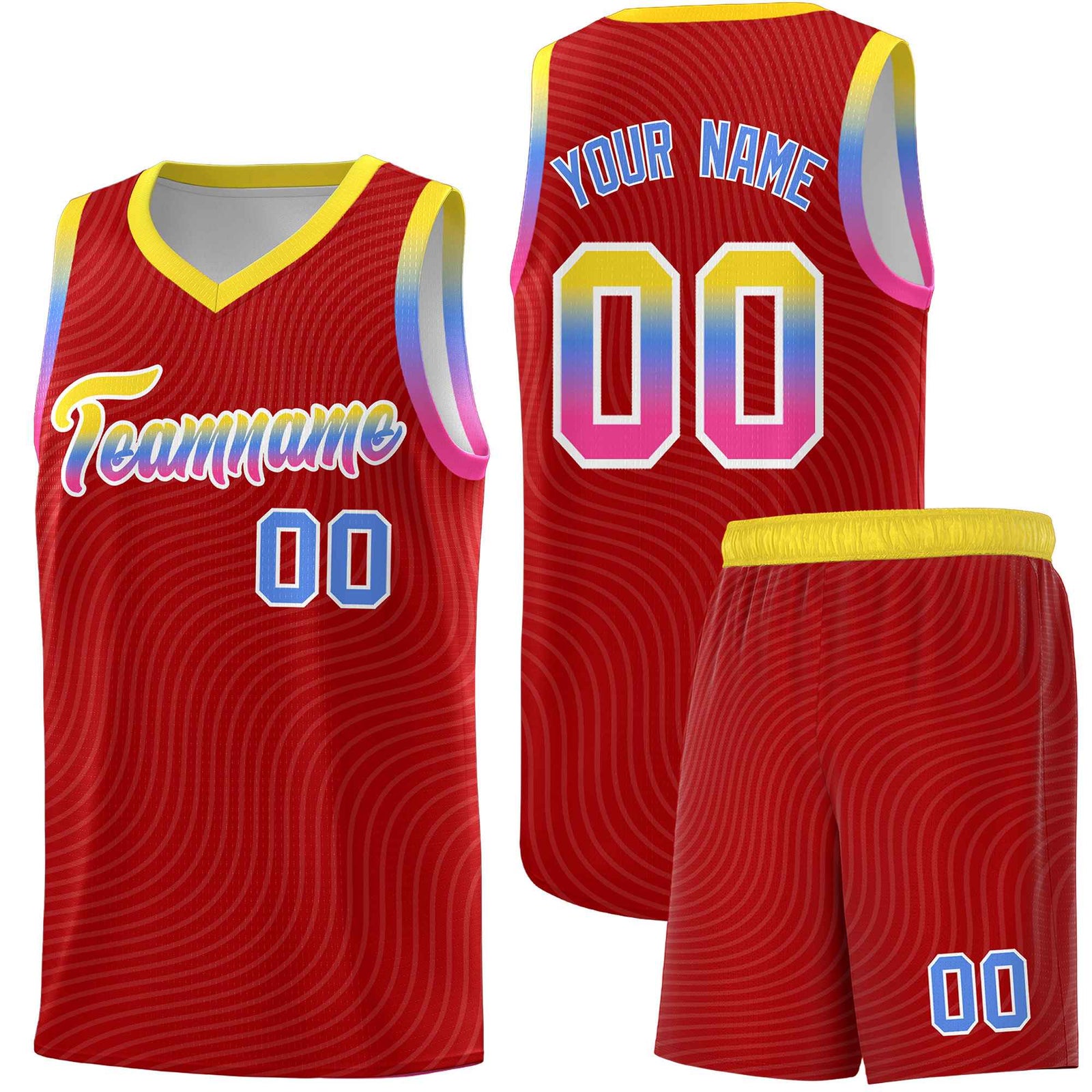 Custom Red Gold Wave Pattern Sports Uniform Basketball Kits
