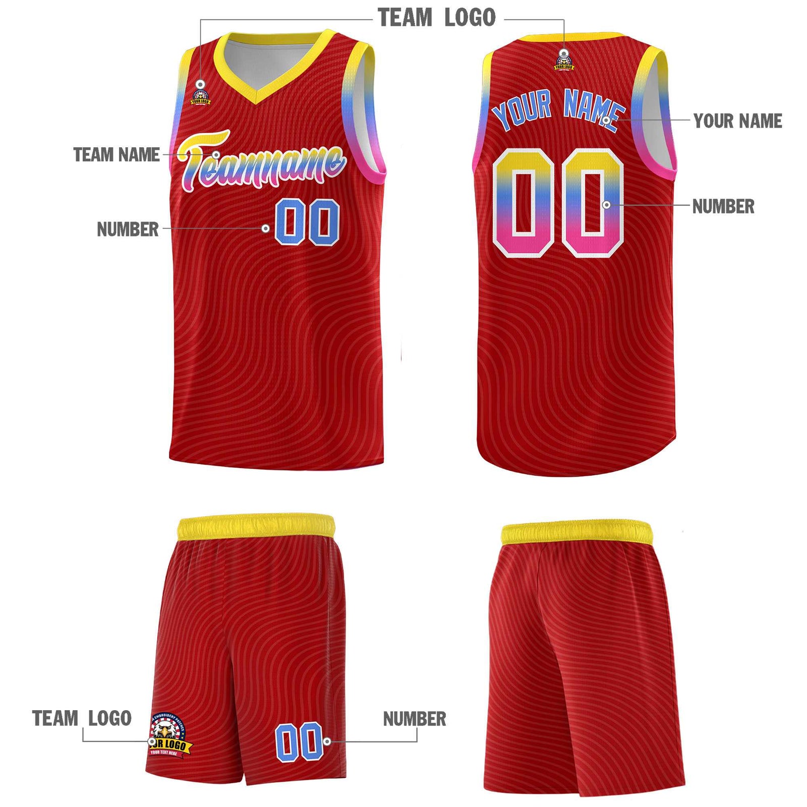 Custom Red Gold Wave Pattern Sports Uniform Basketball Kits
