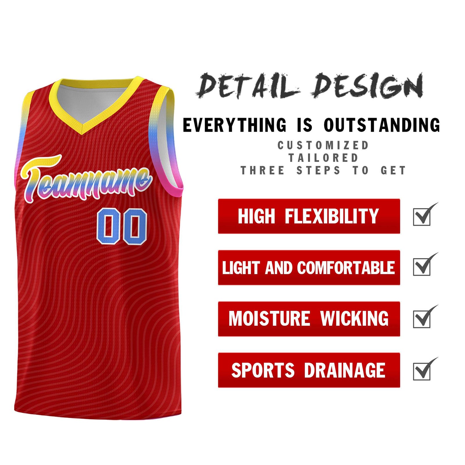 Custom Red Gold Wave Pattern Sports Uniform Basketball Kits