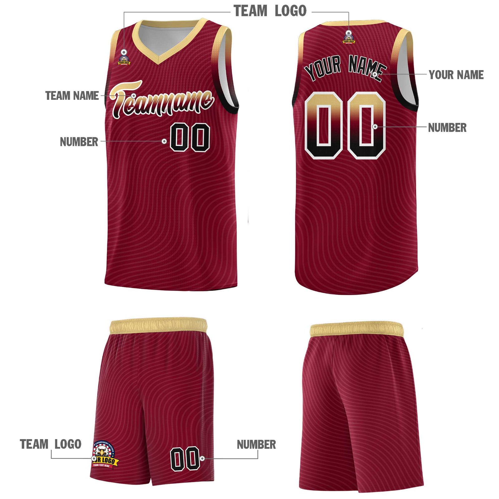Custom Crimson Khaki Wave Pattern Sports Uniform Basketball Kits