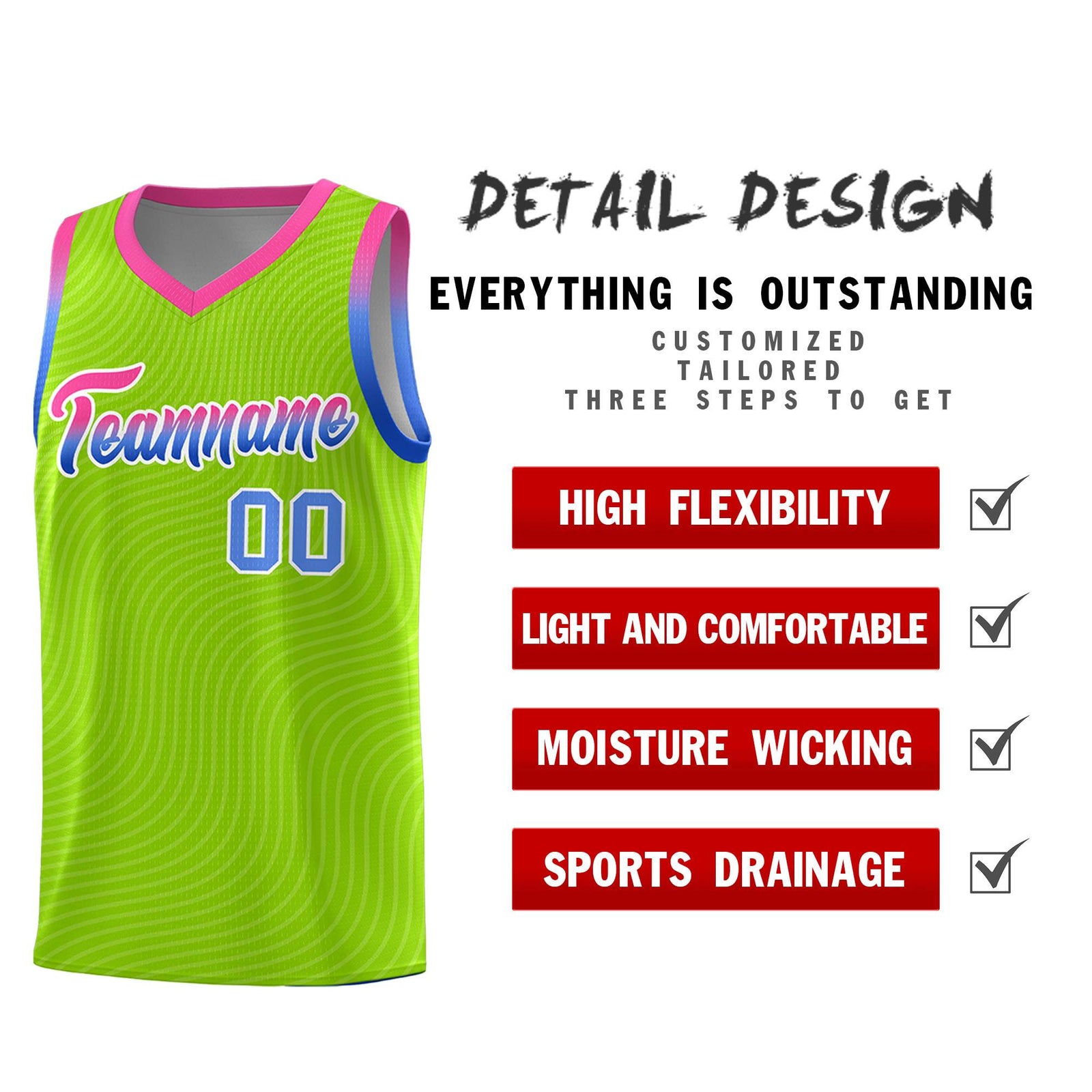 Custom Neon Green Pink Wave Pattern Sports Uniform Basketball Kits