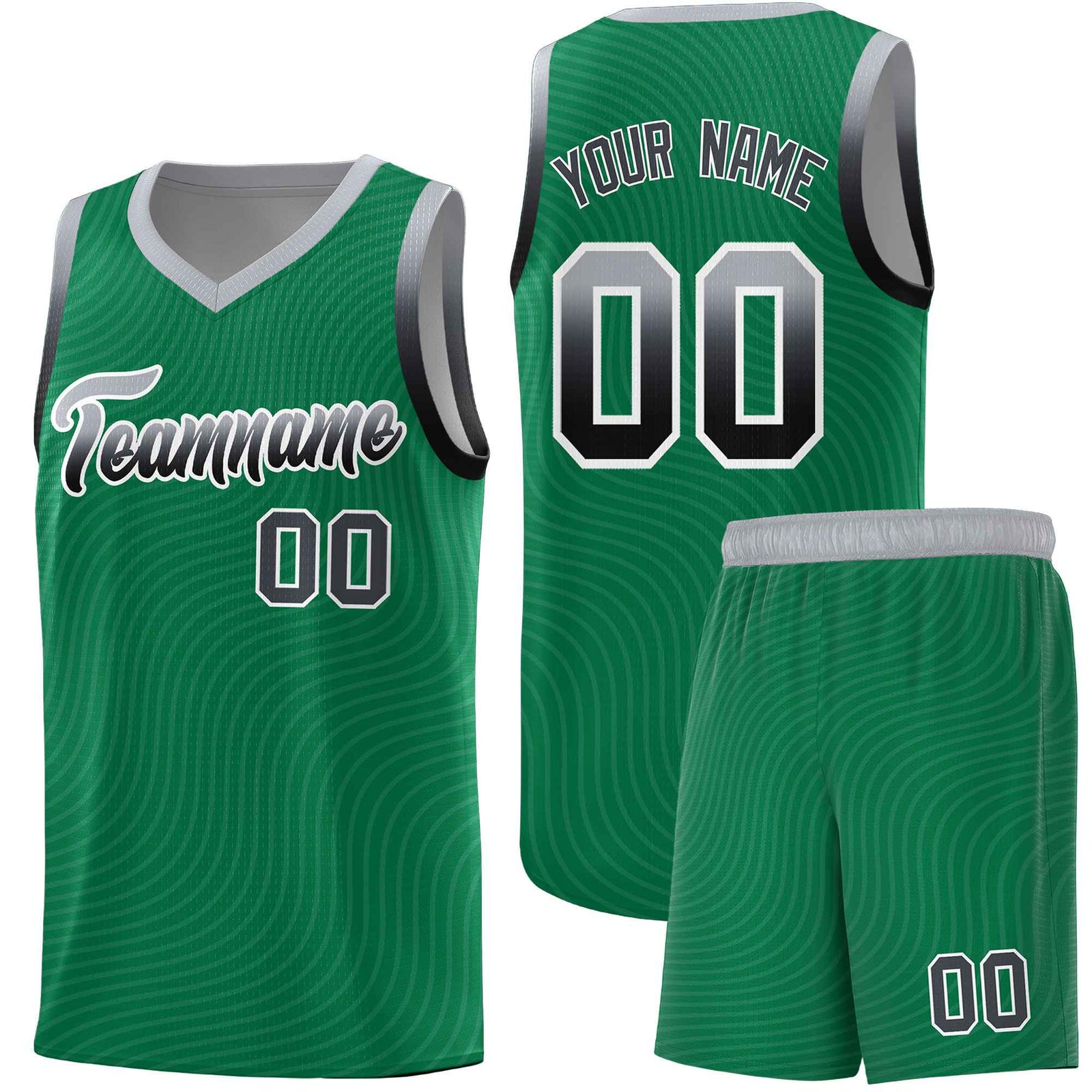 Custom Kelly Green Gray Wave Pattern Sports Uniform Basketball Kits