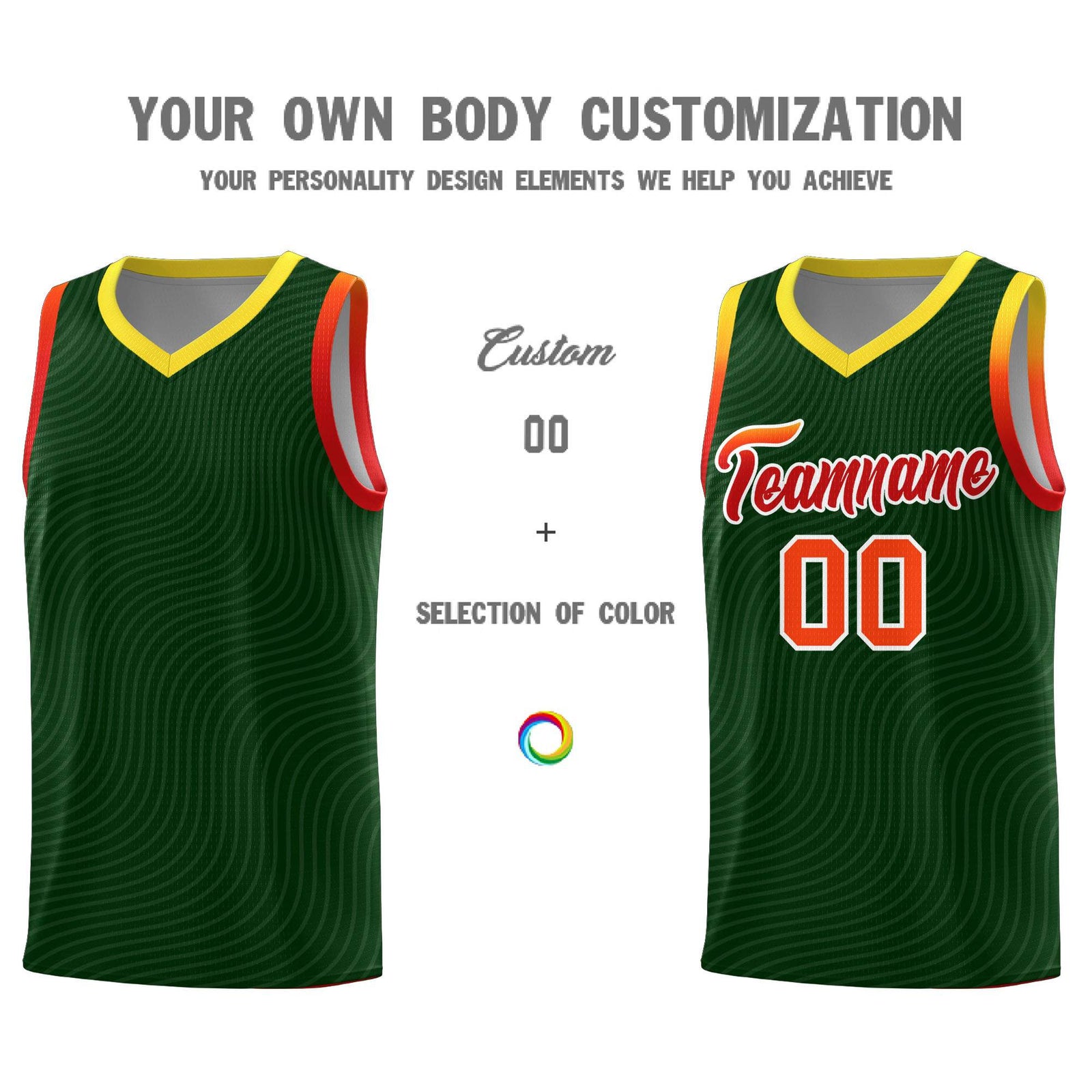 Custom Hunter Green Gold Wave Pattern Sports Uniform Basketball Kits