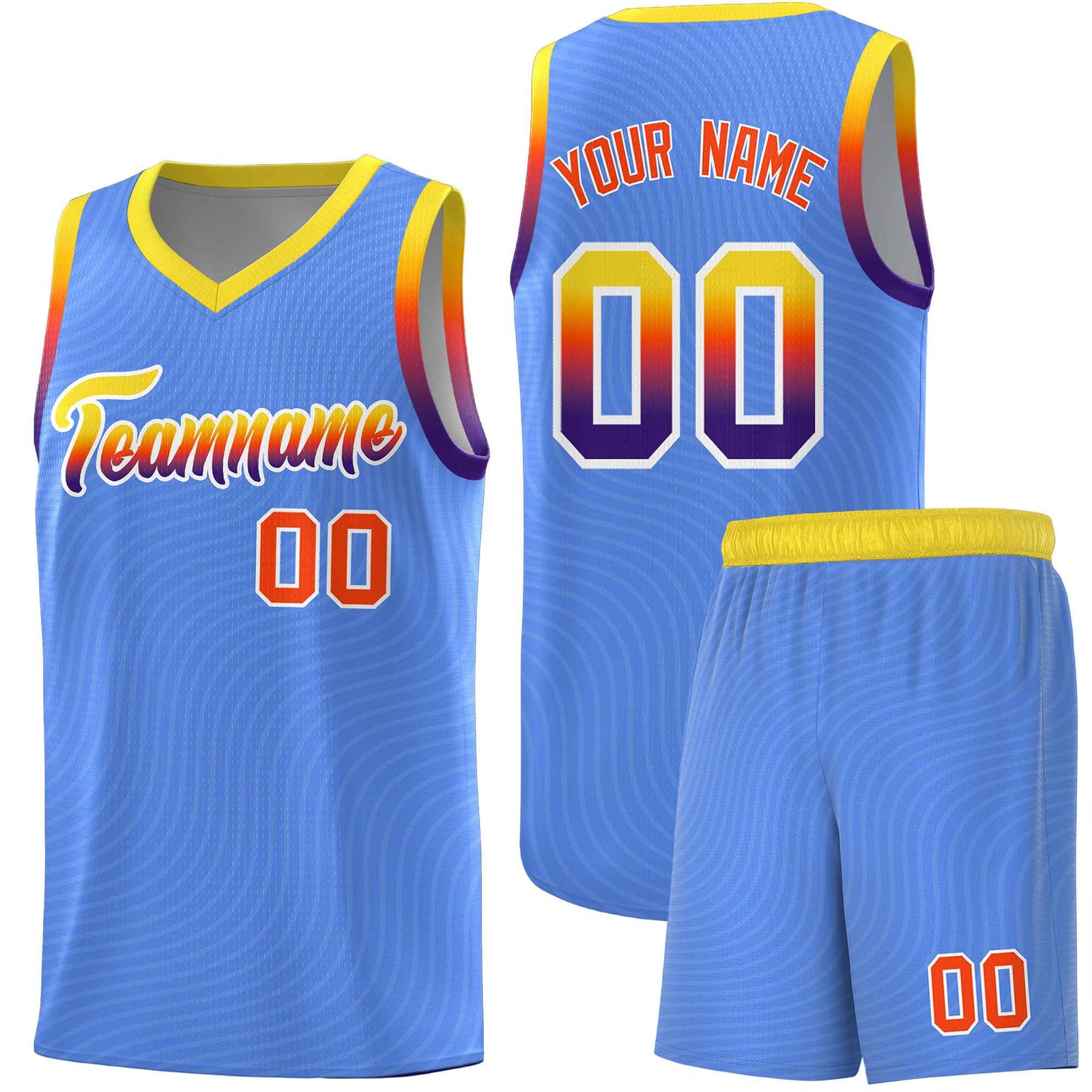 Custom Light Blue Gold Wave Pattern Sports Uniform Basketball Kits