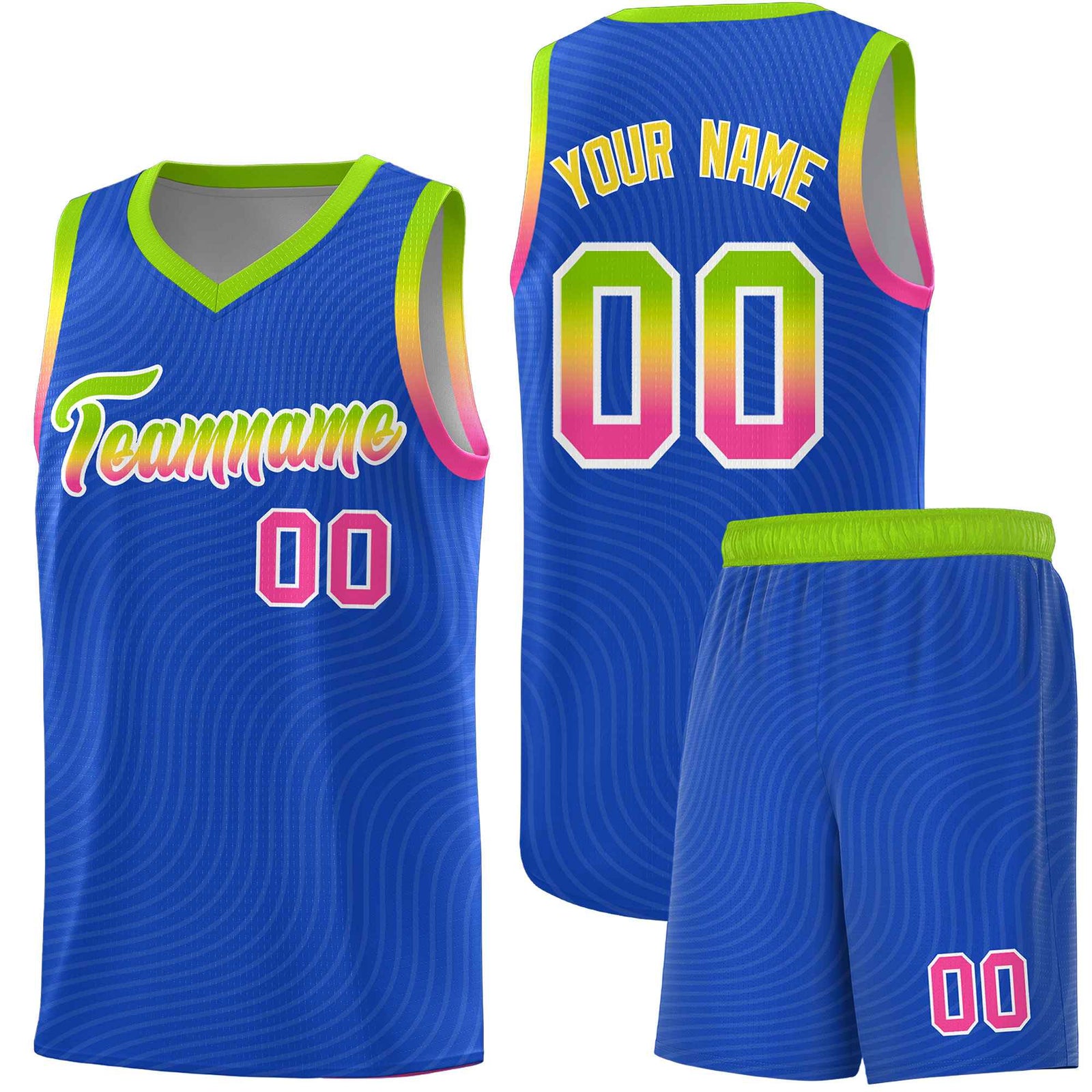 Custom Royal Blue Neon Green Wave Pattern Sports Uniform Basketball Kits