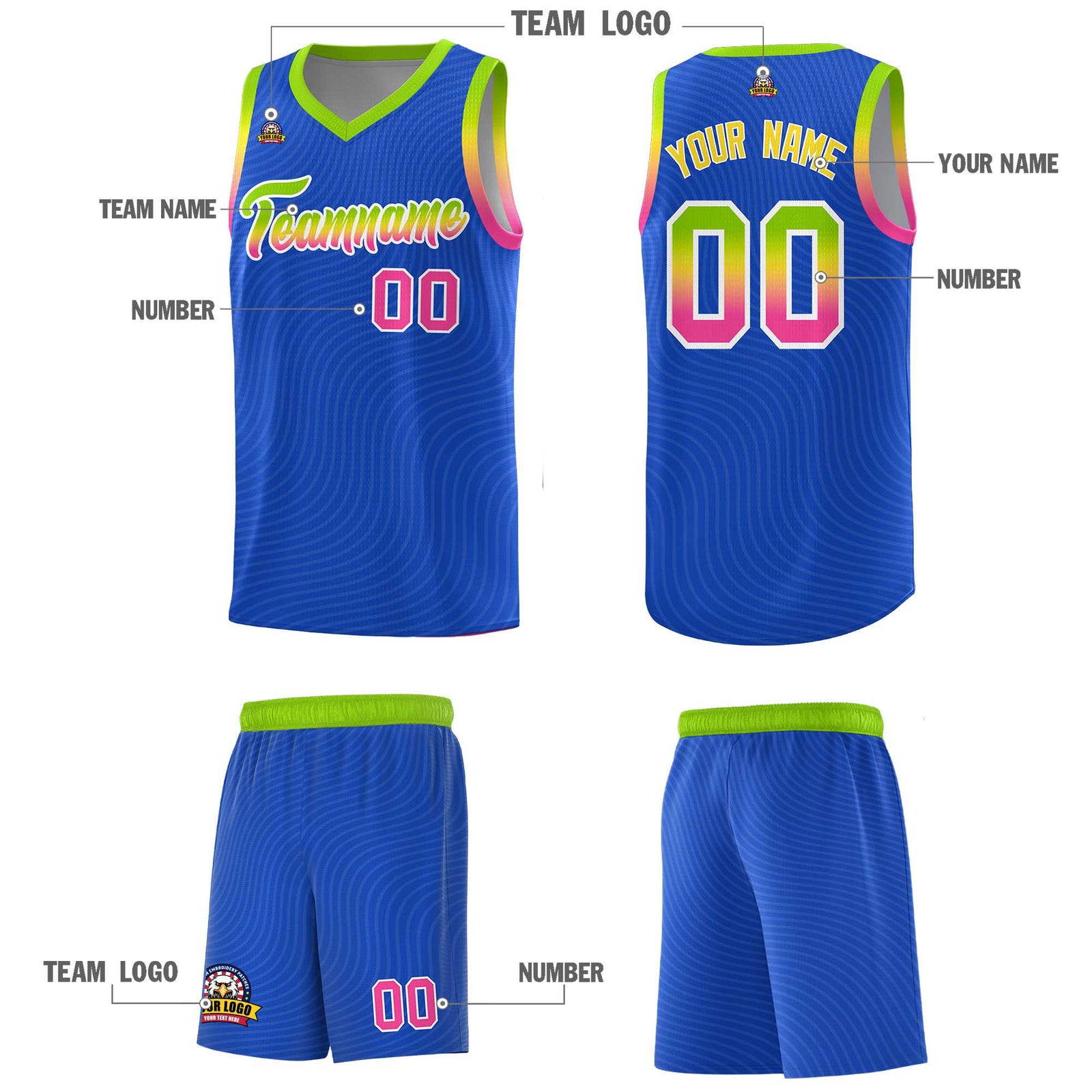 Custom Royal Blue Neon Green Wave Pattern Sports Uniform Basketball Kits
