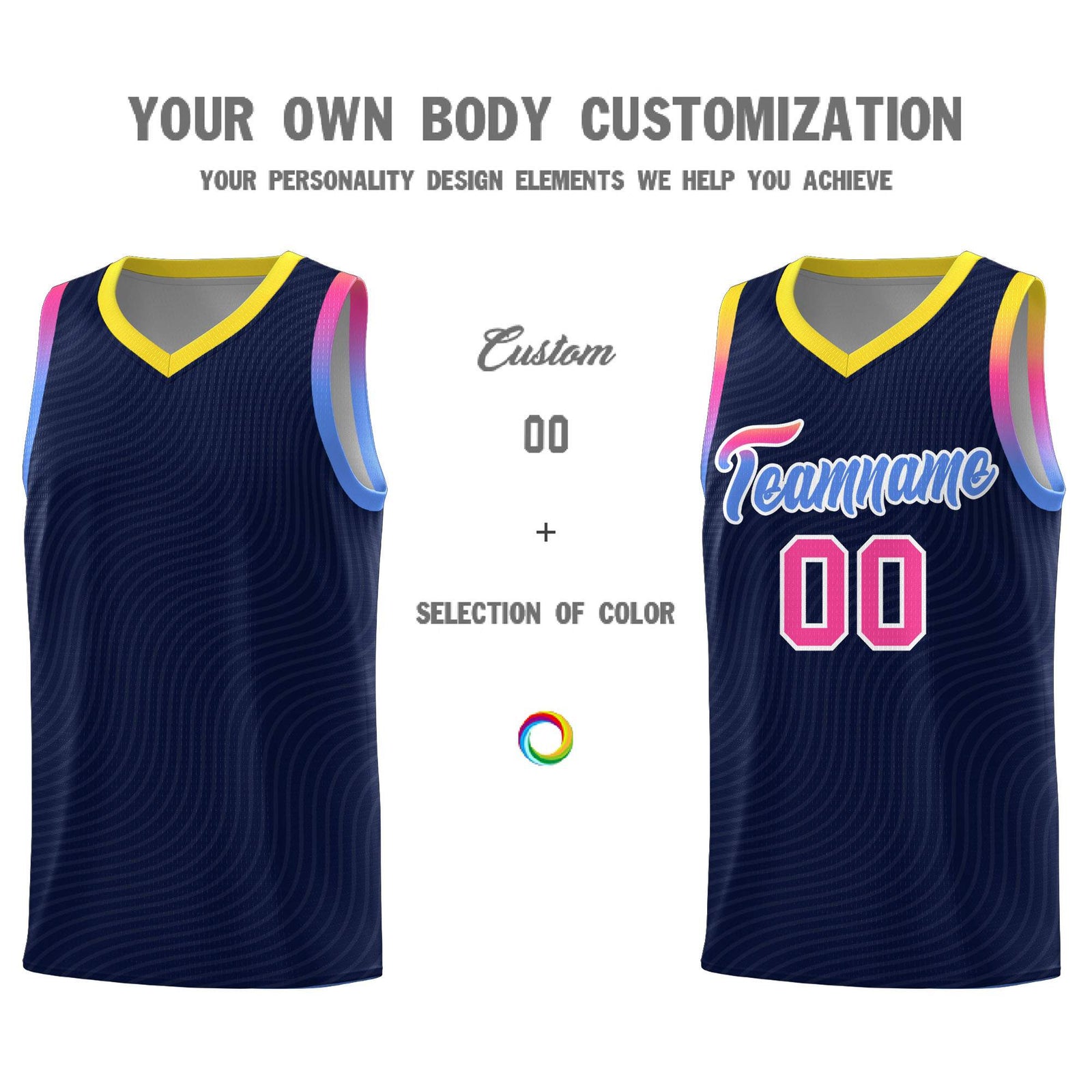 Custom Navy Gold Wave Pattern Sports Uniform Basketball Kits