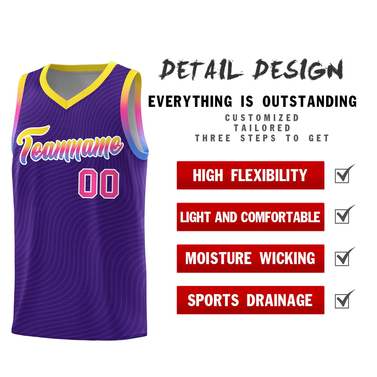 Custom Purple Gold Wave Pattern Sports Uniform Basketball Kits