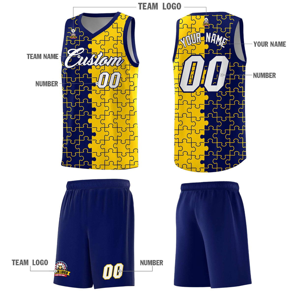 Custom Navy Gold Splid Basketball Kits With Puzzle Pattern