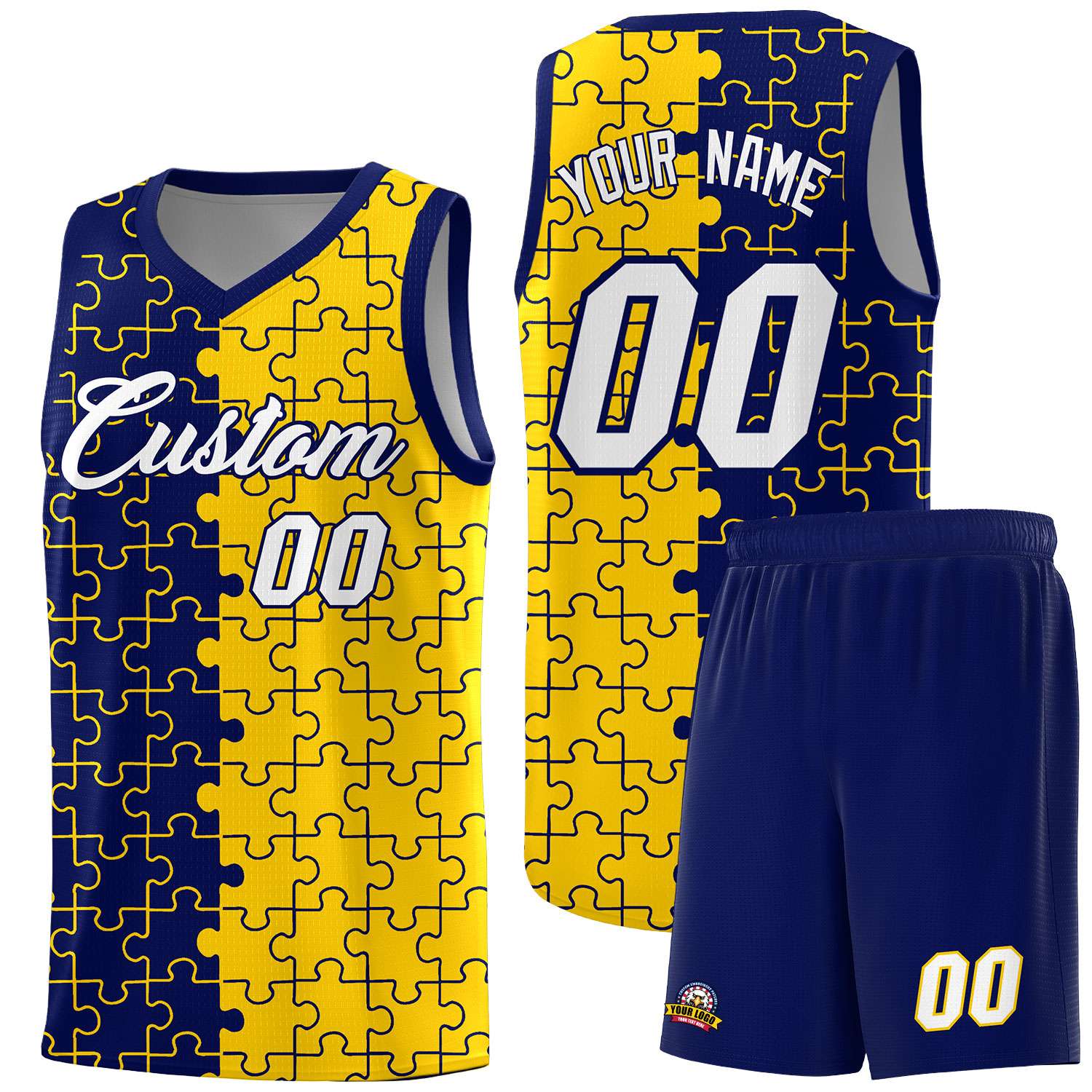 Custom Navy Gold Splid Basketball Kits With Puzzle Pattern