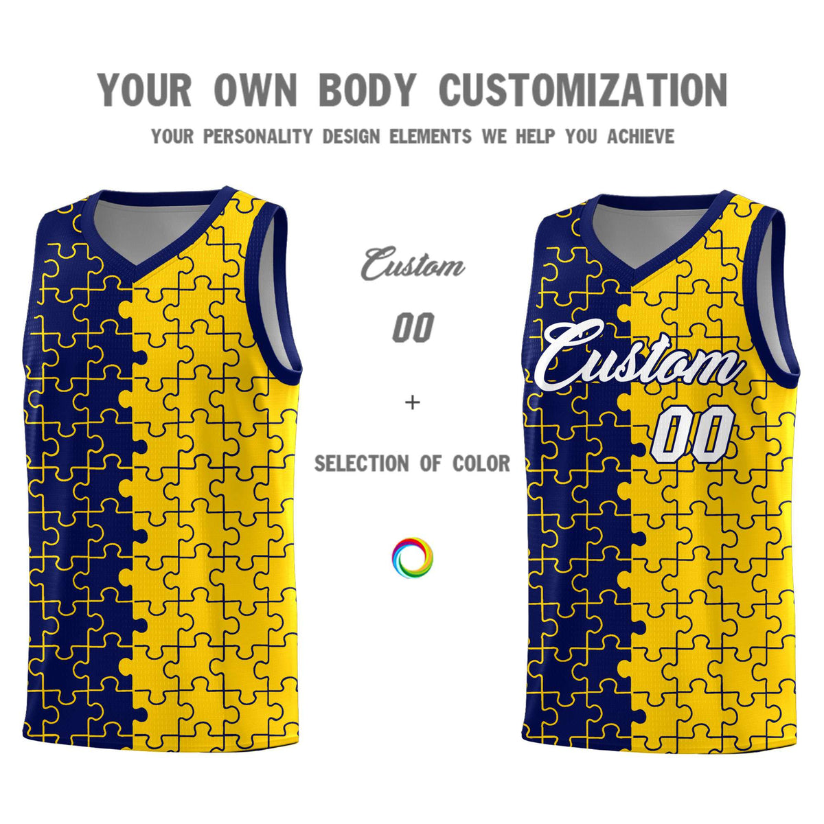 Custom Navy Gold Splid Basketball Kits With Puzzle Pattern
