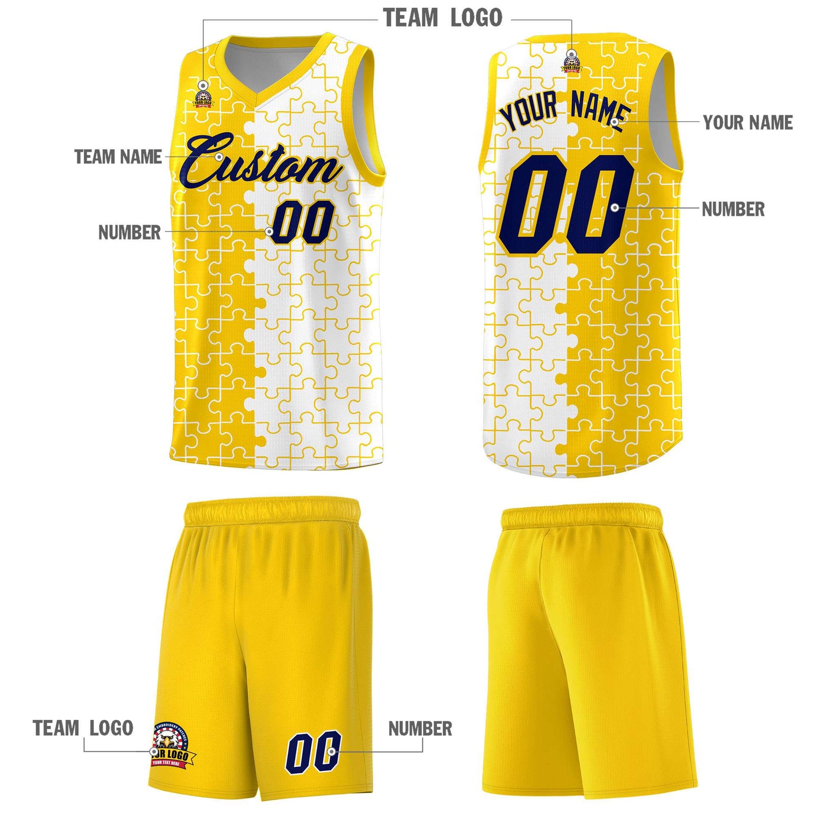 Custom Gold White Splid Basketball Kits With Puzzle Pattern