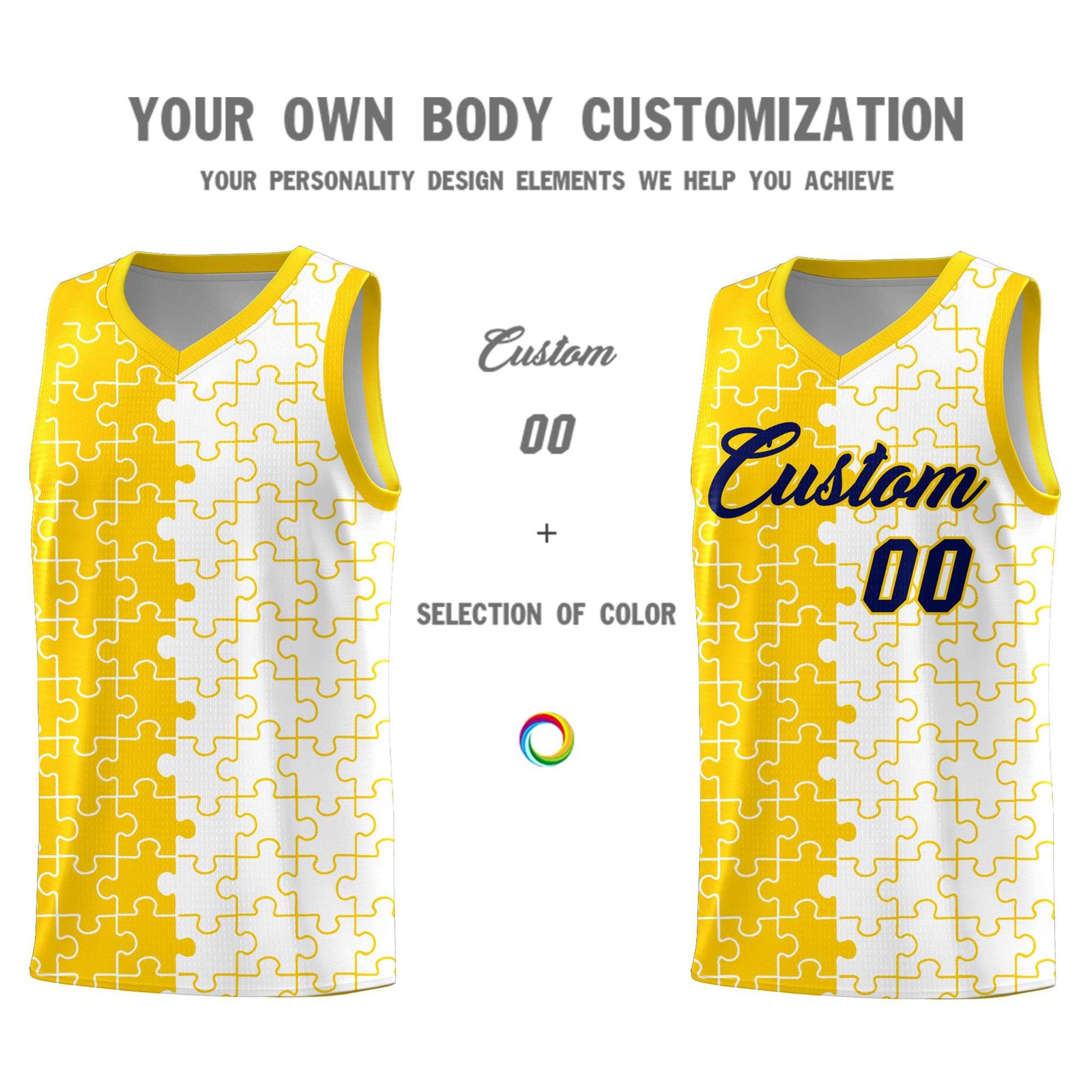 Custom Gold White Splid Basketball Kits With Puzzle Pattern