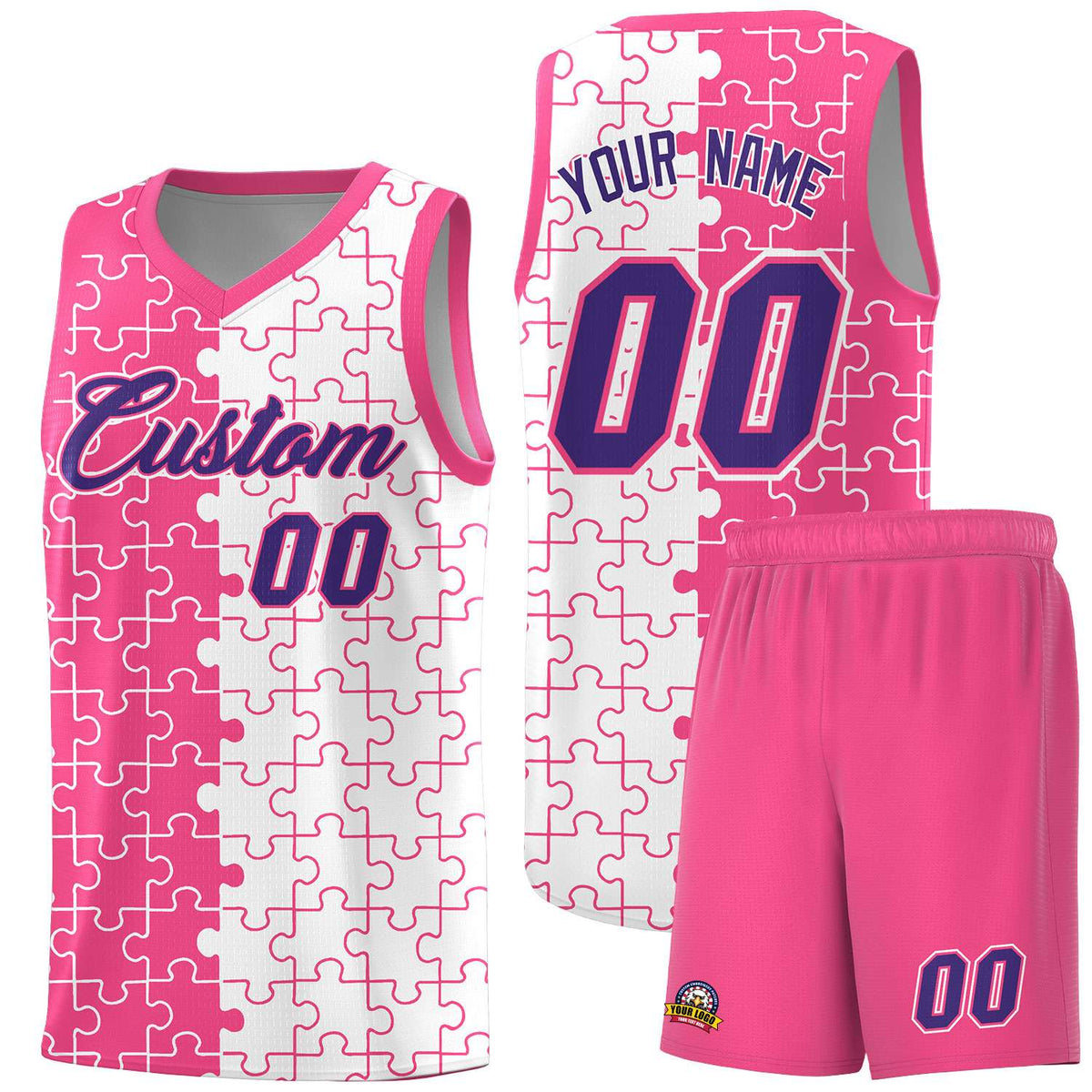 Custom Pink White Splid Basketball Kits With Puzzle Pattern