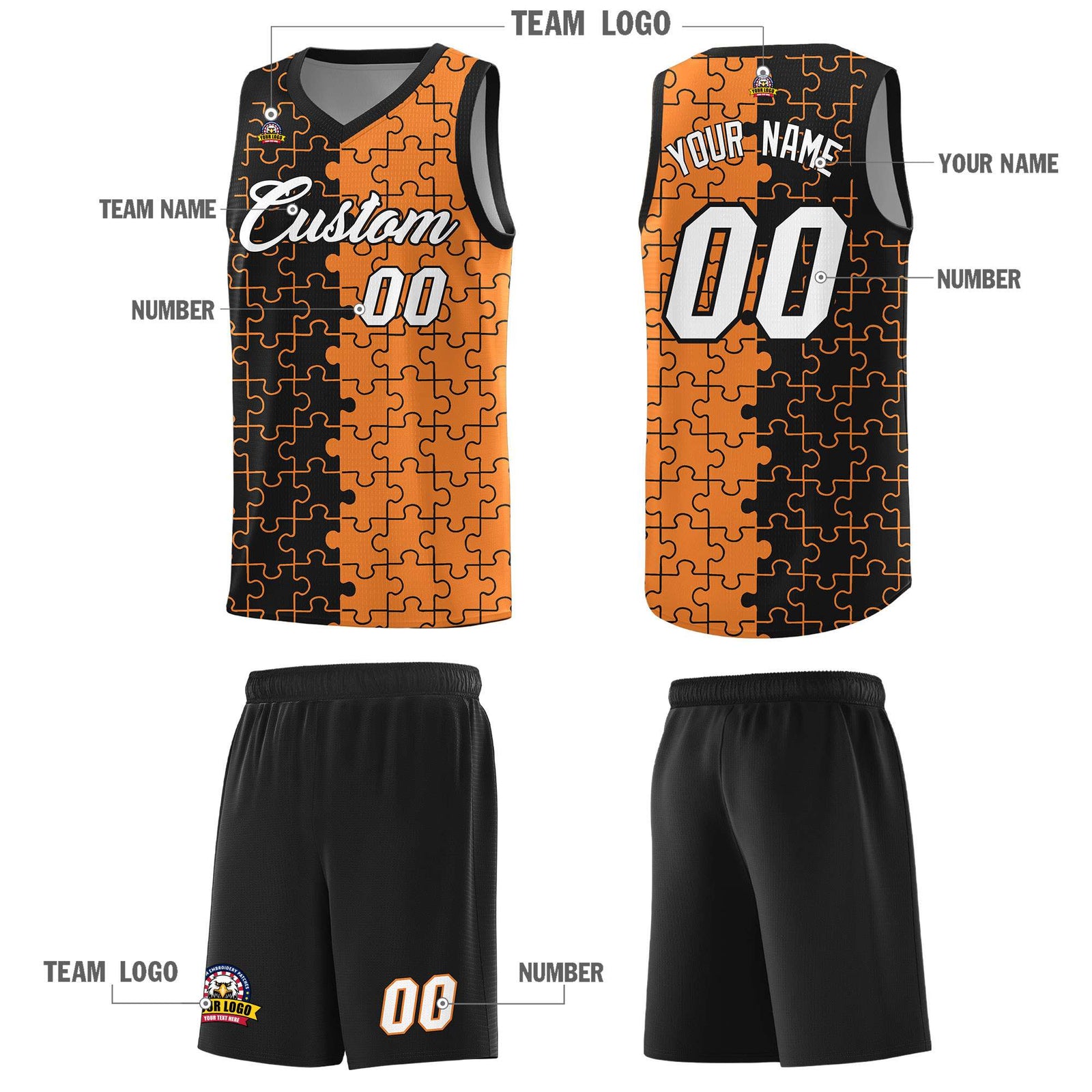 Custom Black Gold Orange Splid Basketball Kits With Puzzle Pattern