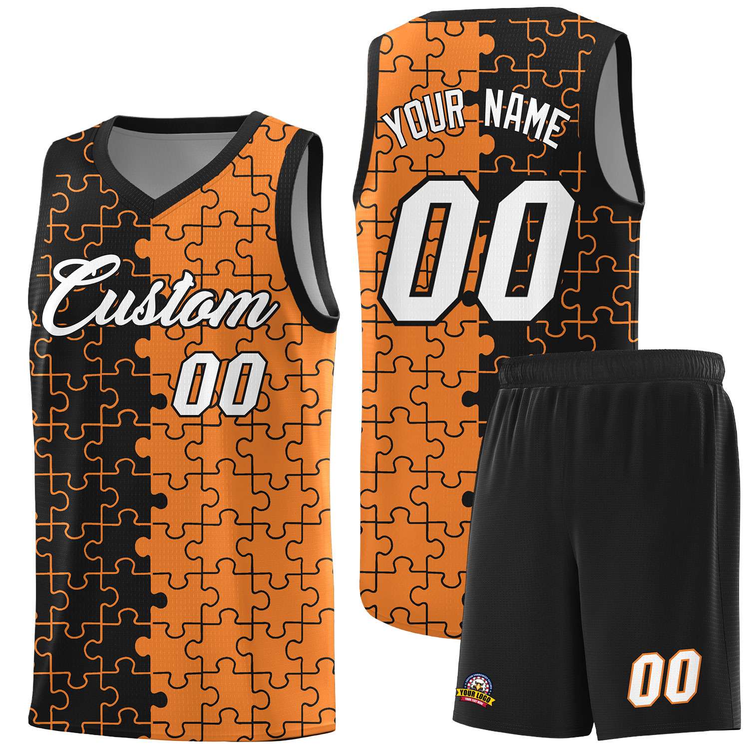 Custom Black Gold Orange Splid Basketball Kits With Puzzle Pattern