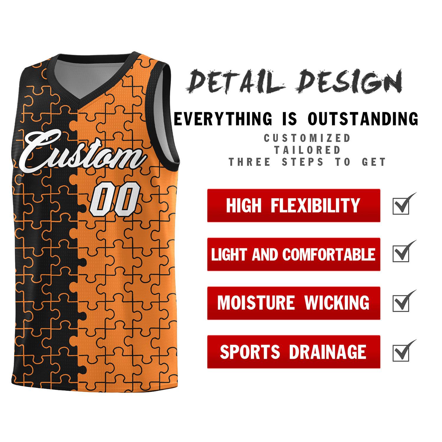 Custom Black Gold Orange Splid Basketball Kits With Puzzle Pattern
