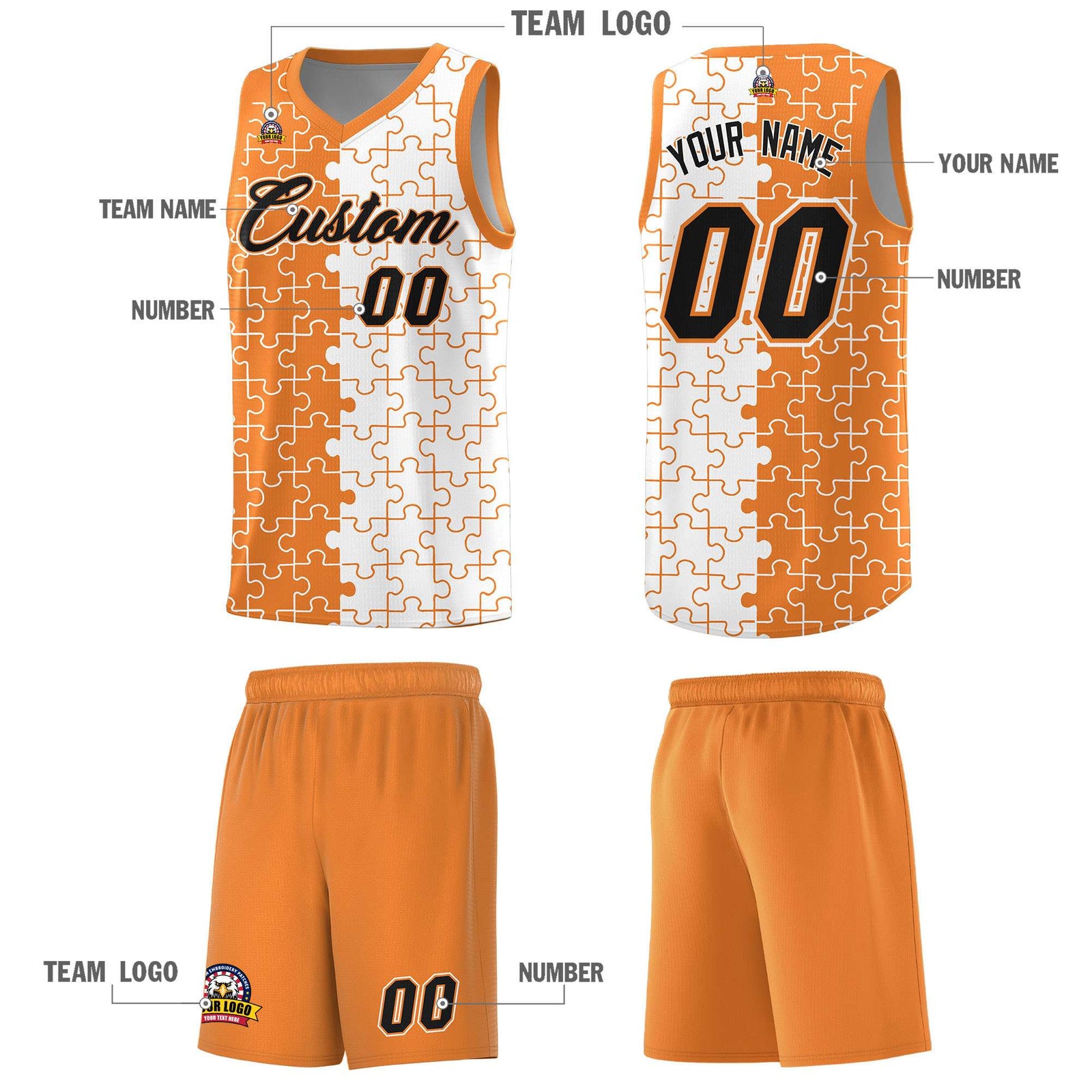 Custom Gold Orange White Splid Basketball Kits With Puzzle Pattern