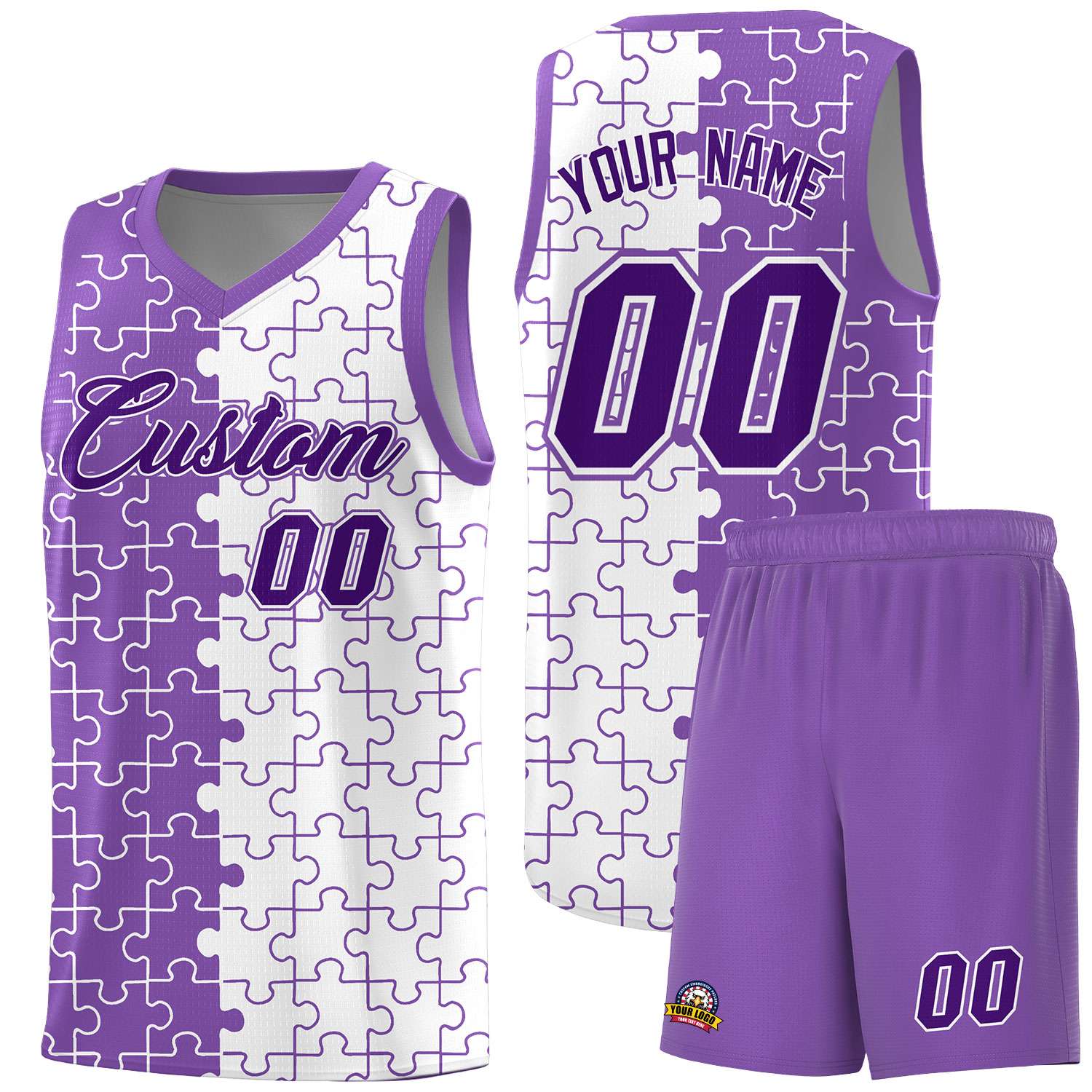 Custom Light Purple White Splid Basketball Kits With Puzzle Pattern