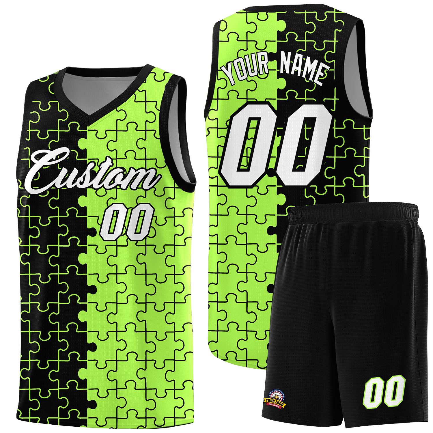 Custom Black Neon Green Splid Basketball Kits With Puzzle Pattern
