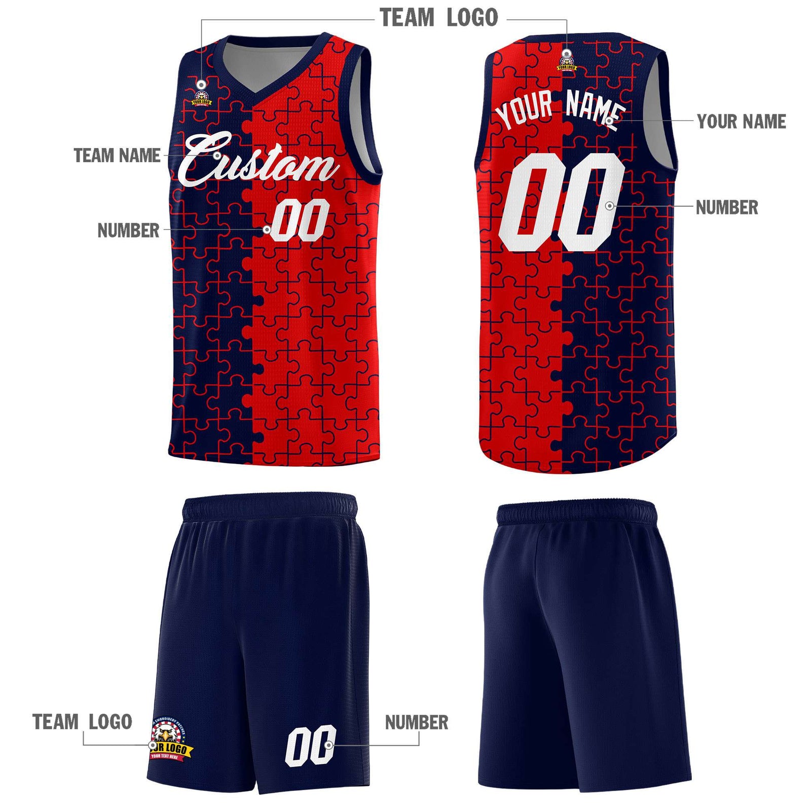 Custom Navy Red Splid Basketball Kits With Puzzle Pattern