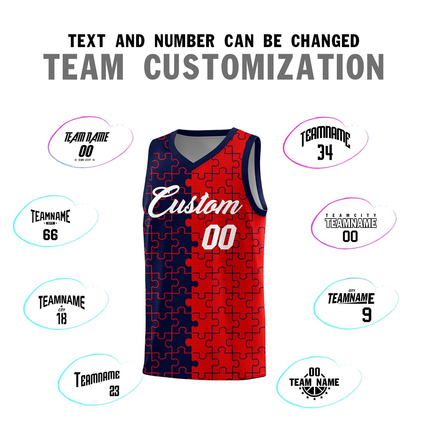 Custom Navy Red Splid Basketball Kits With Puzzle Pattern