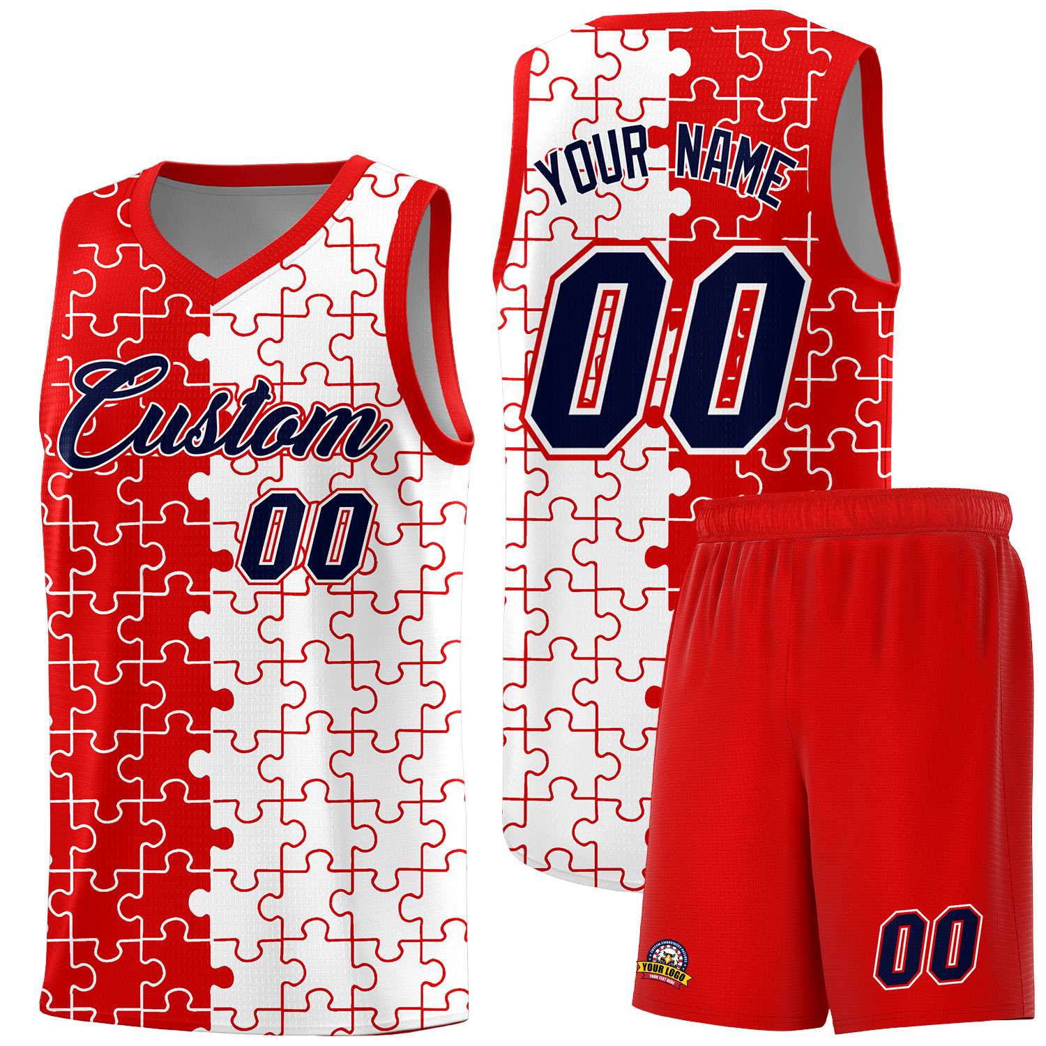Custom Red White Splid Basketball Kits With Puzzle Pattern