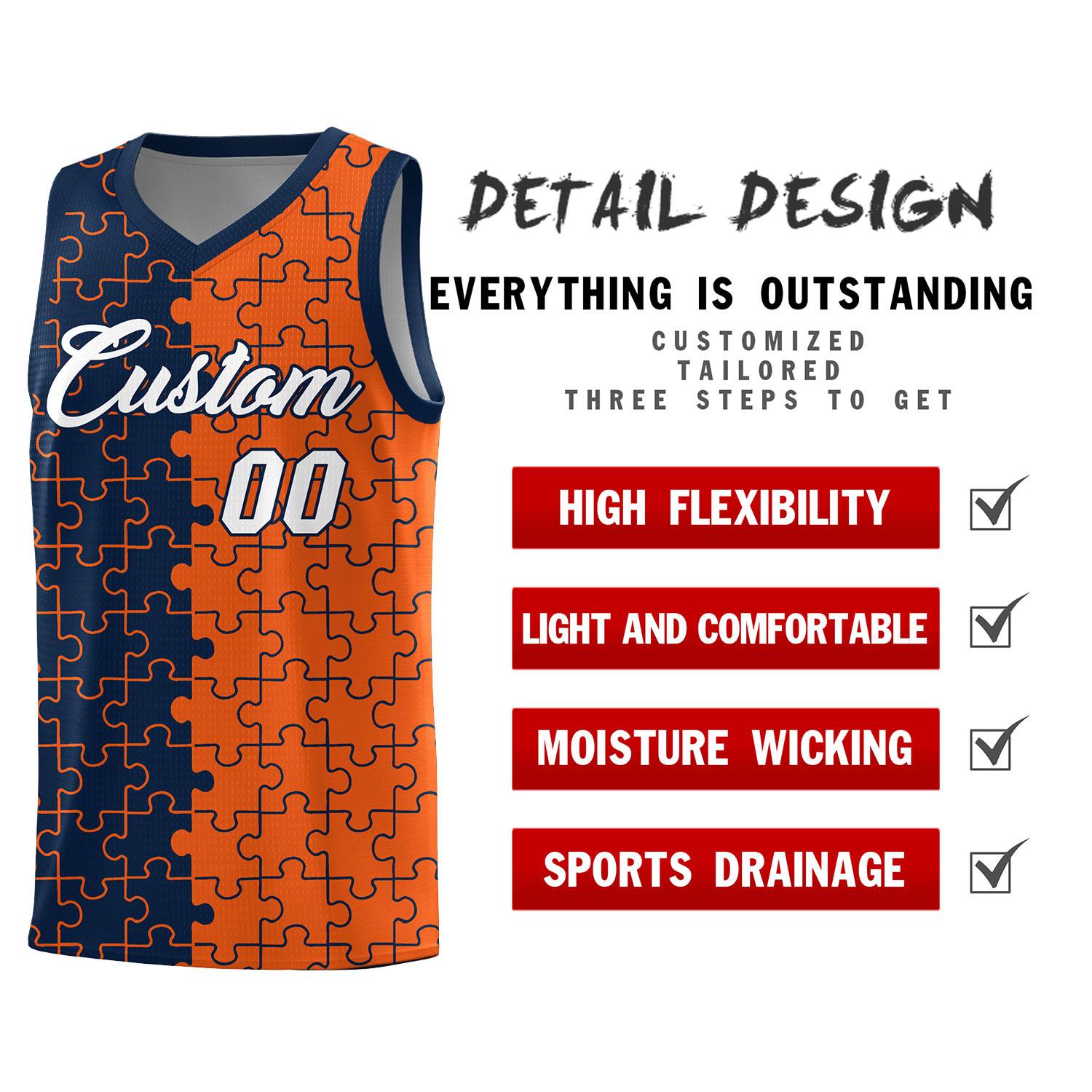 Custom Navy Orange Splid Basketball Kits With Puzzle Pattern