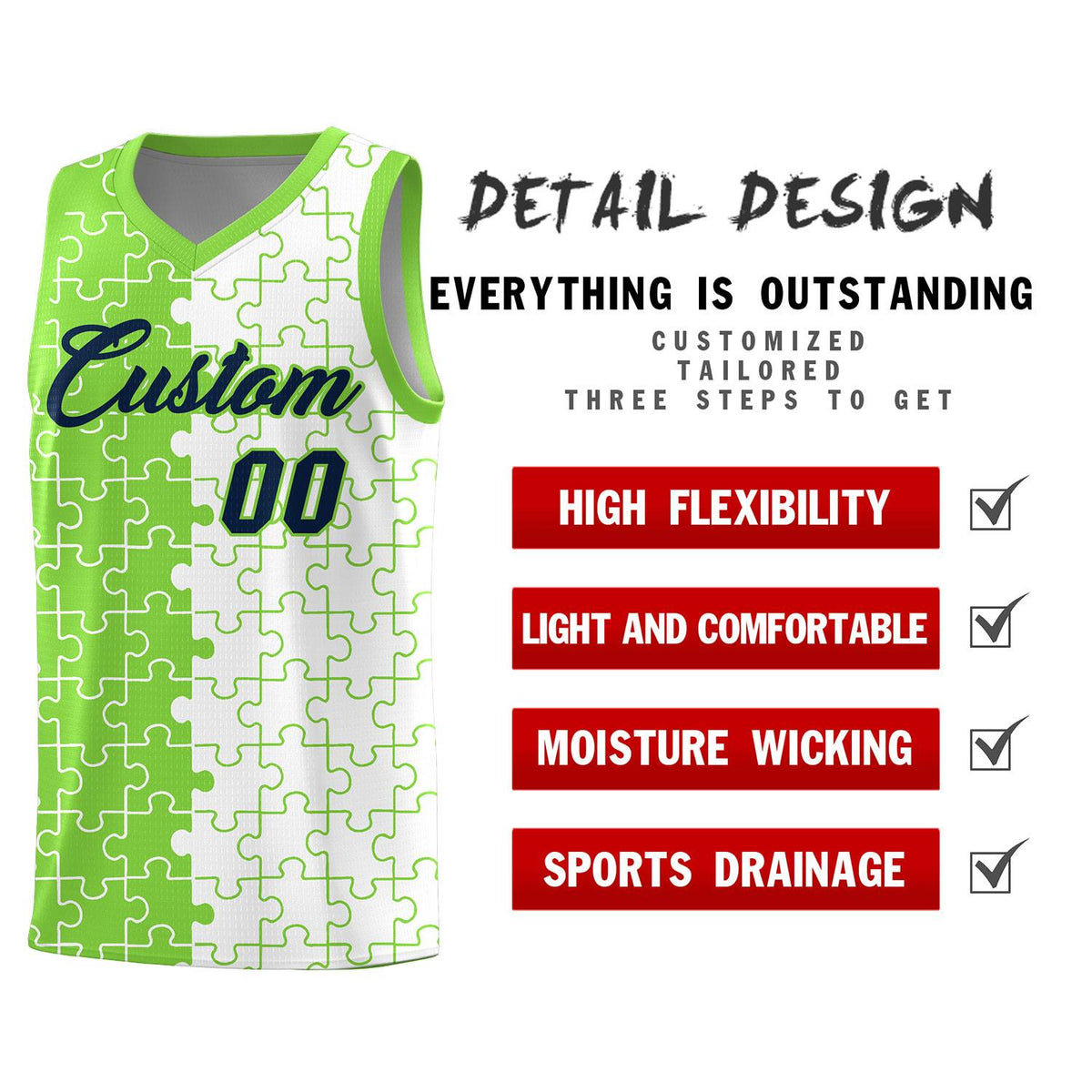 Custom Neon Green White Splid Basketball Kits With Puzzle Pattern