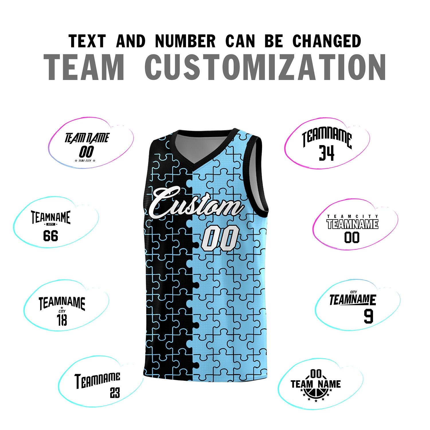Custom Black Powder Blue Splid Basketball Kits With Puzzle Pattern