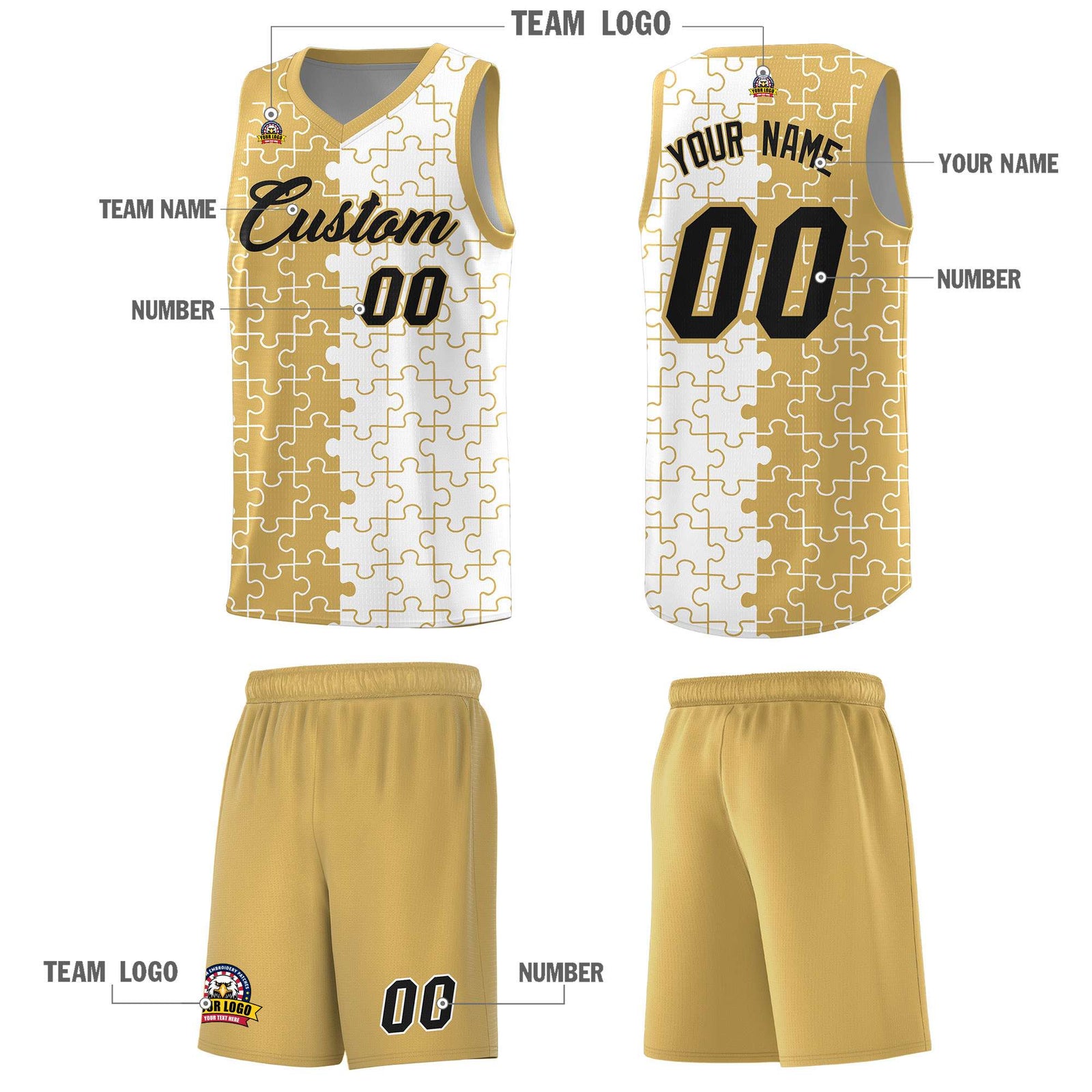 Custom Old Gold White Splid Basketball Kits With Puzzle Pattern