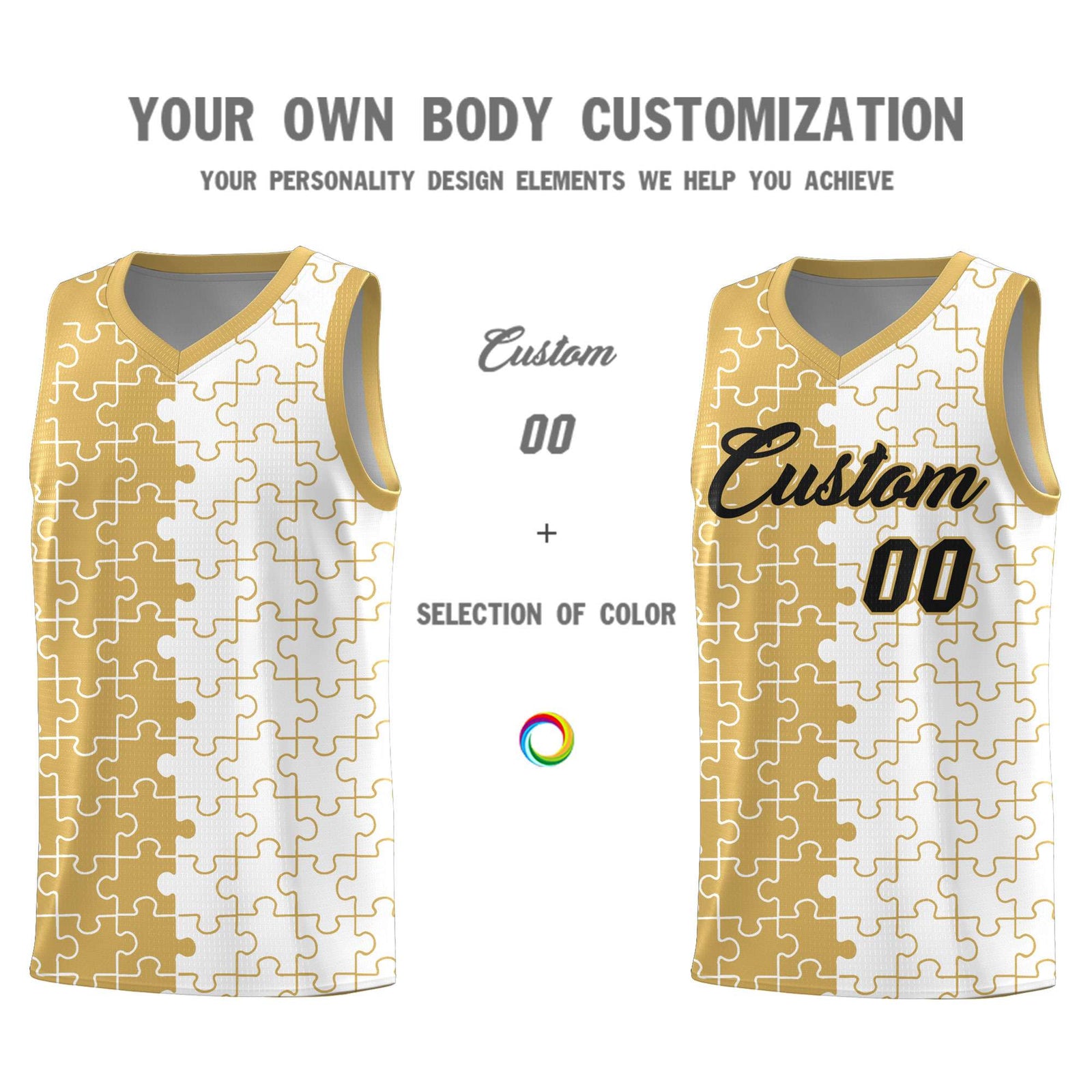Custom Old Gold White Splid Basketball Kits With Puzzle Pattern