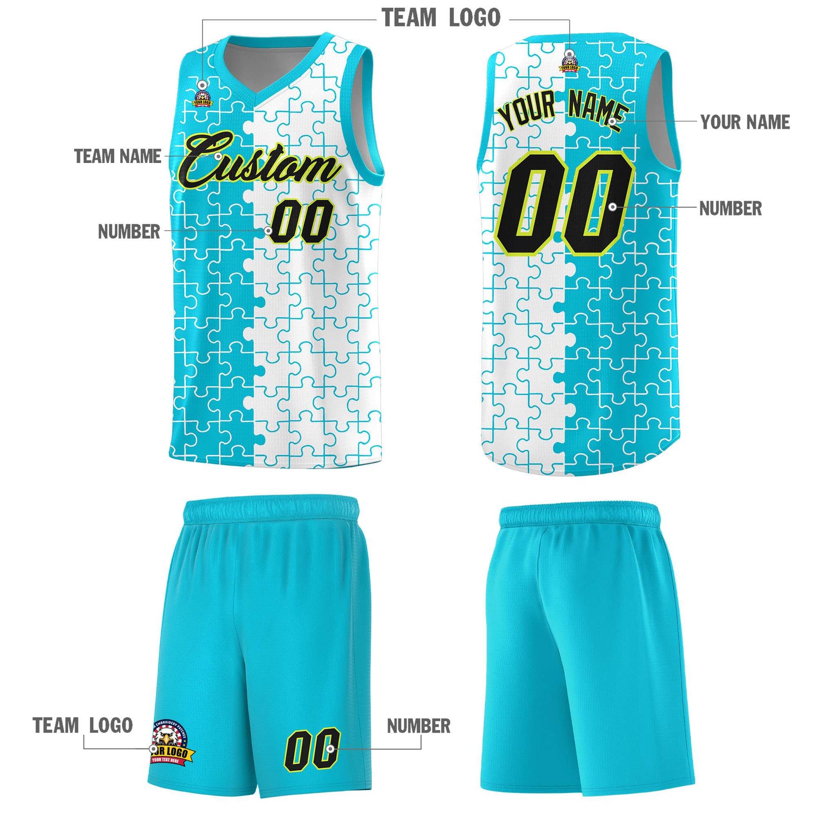 Custom Sky Blue White Splid Basketball Kits With Puzzle Pattern