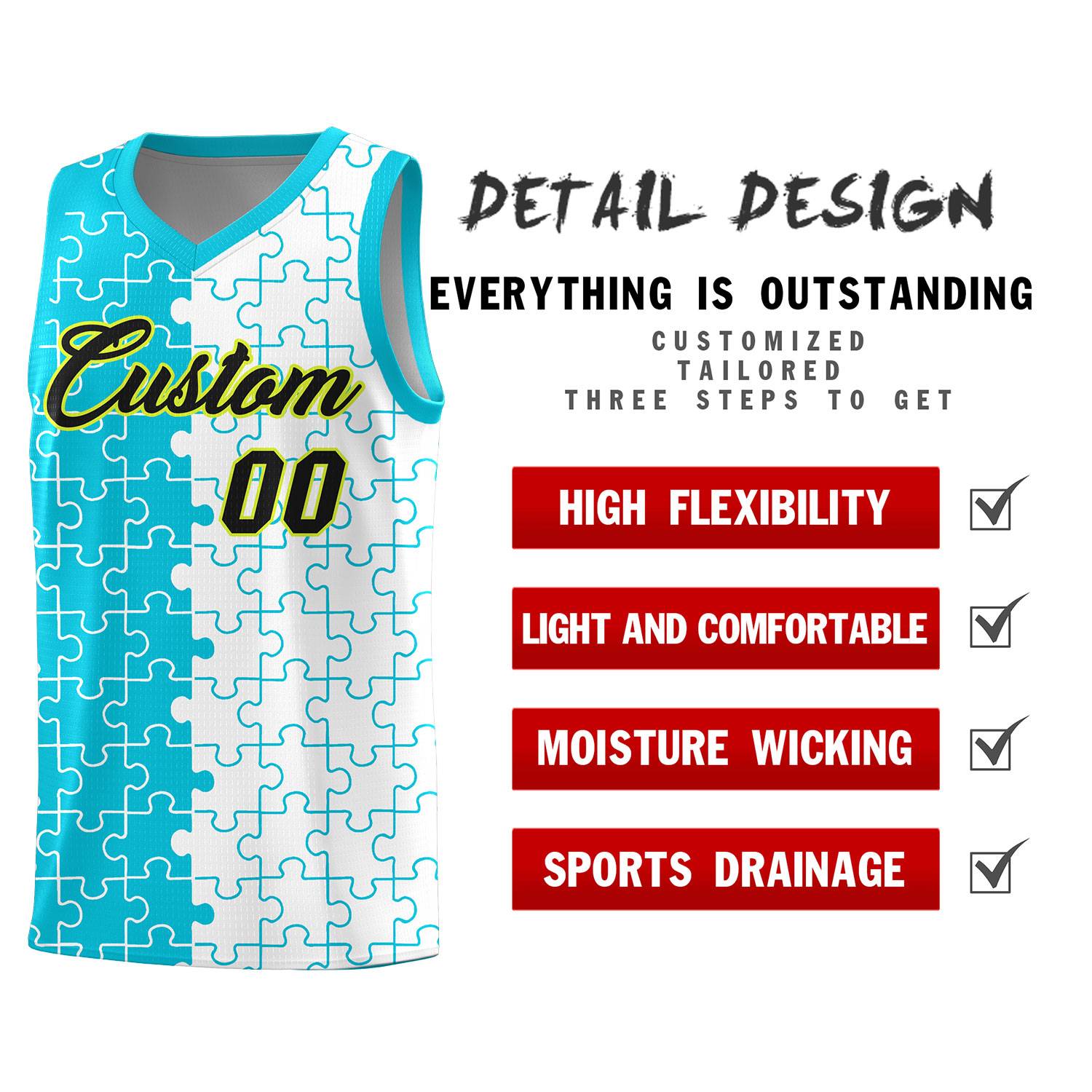 Custom Sky Blue White Splid Basketball Kits With Puzzle Pattern