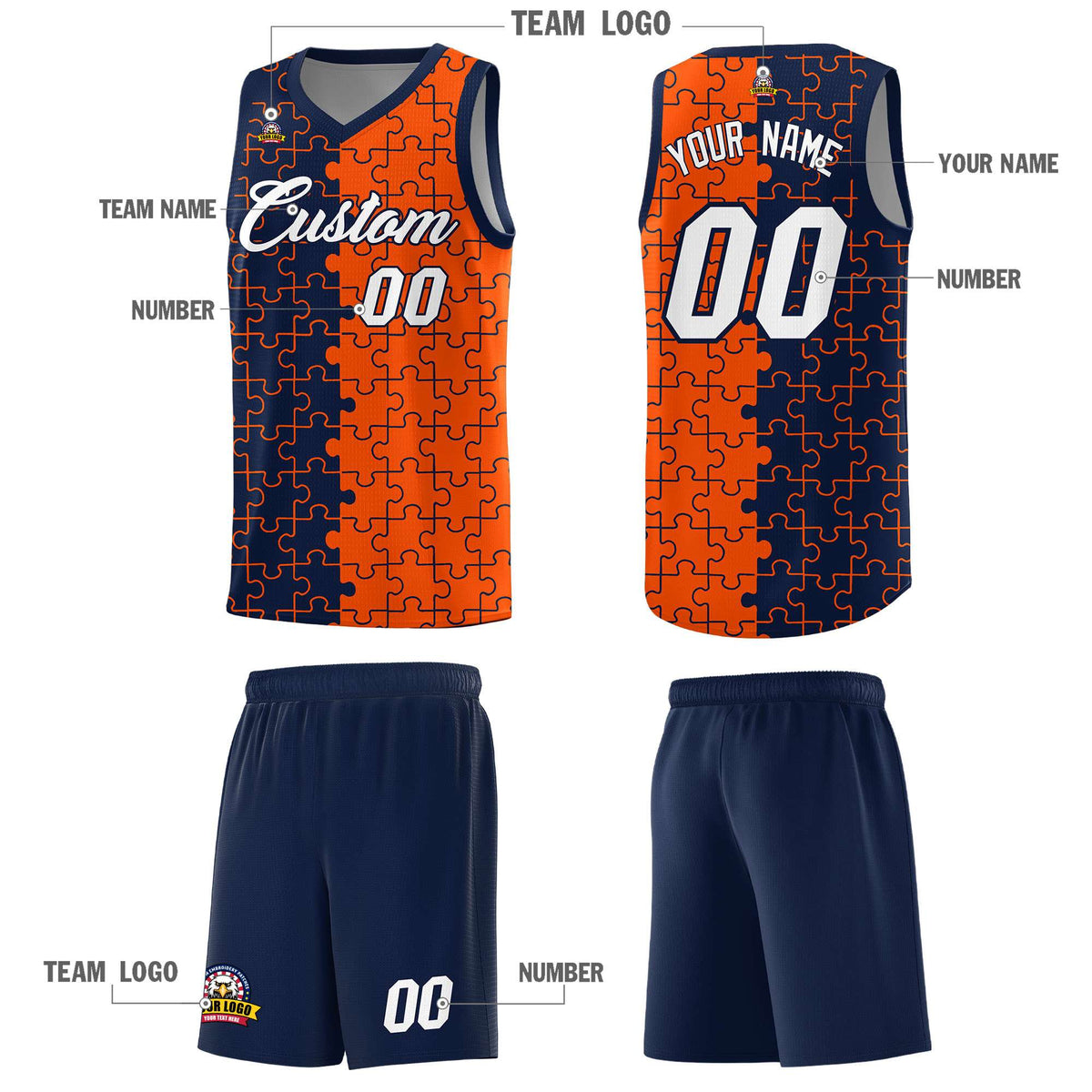 Custom Navy Orange Splid Basketball Kits With Puzzle Pattern