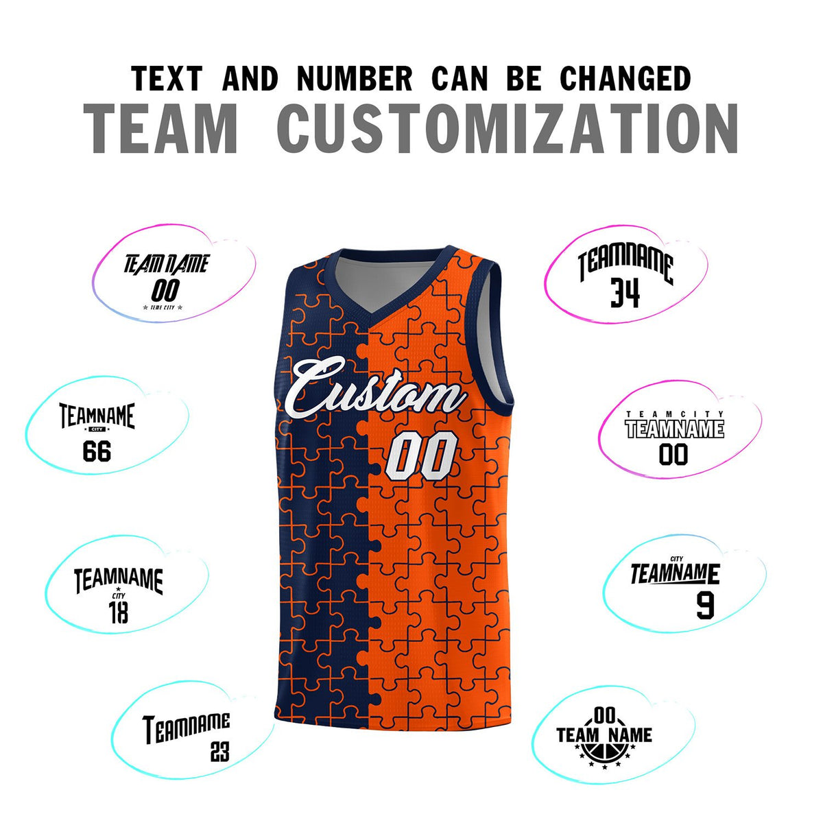 Custom Navy Orange Splid Basketball Kits With Puzzle Pattern