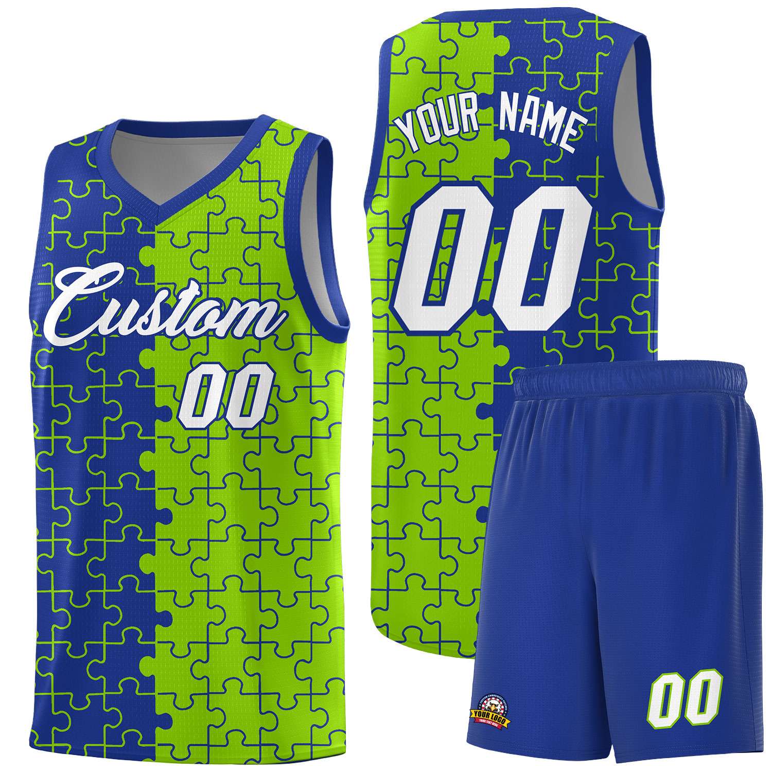 Custom Royal Neon Green Splid Basketball Kits With Puzzle Pattern