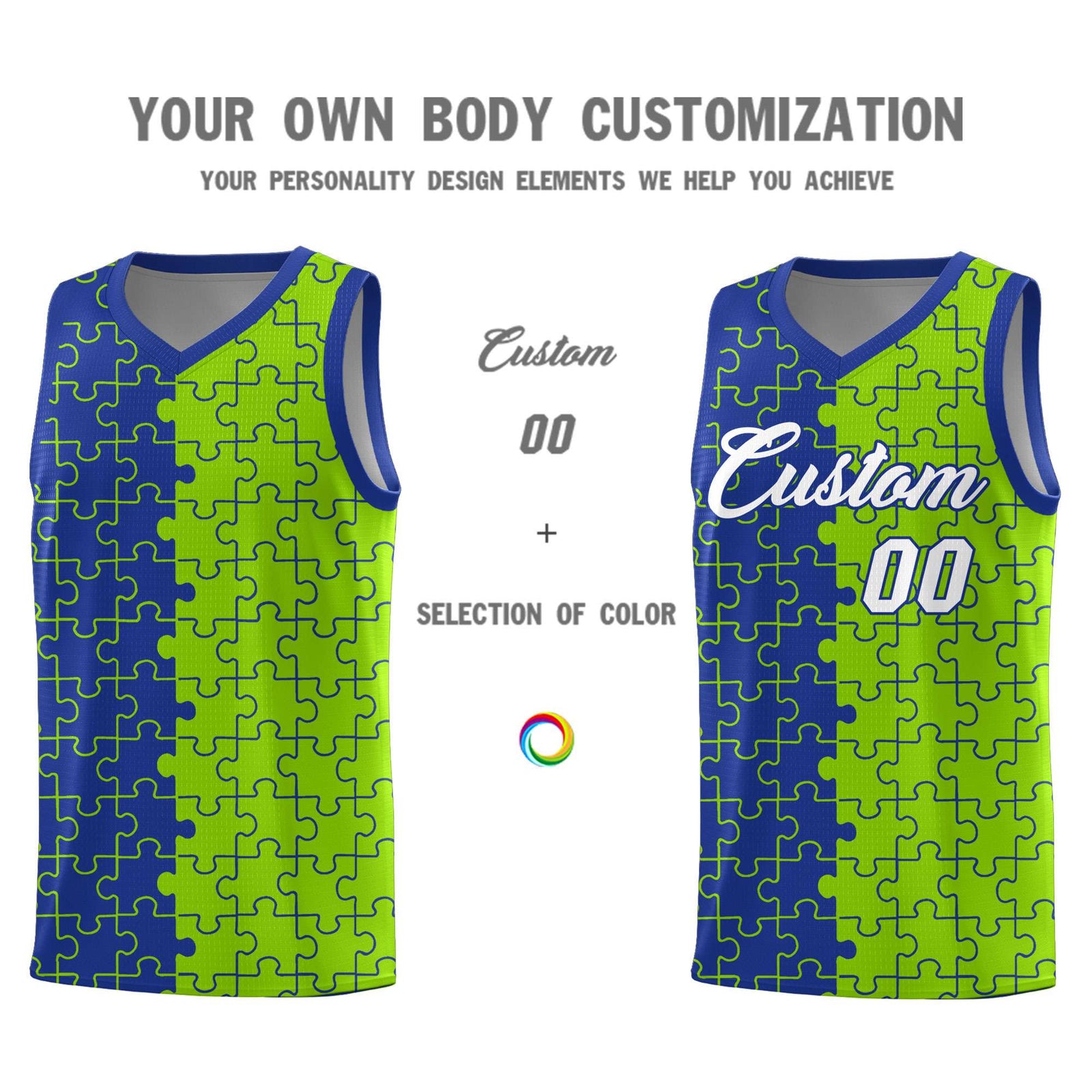 Custom Royal Neon Green Splid Basketball Kits With Puzzle Pattern