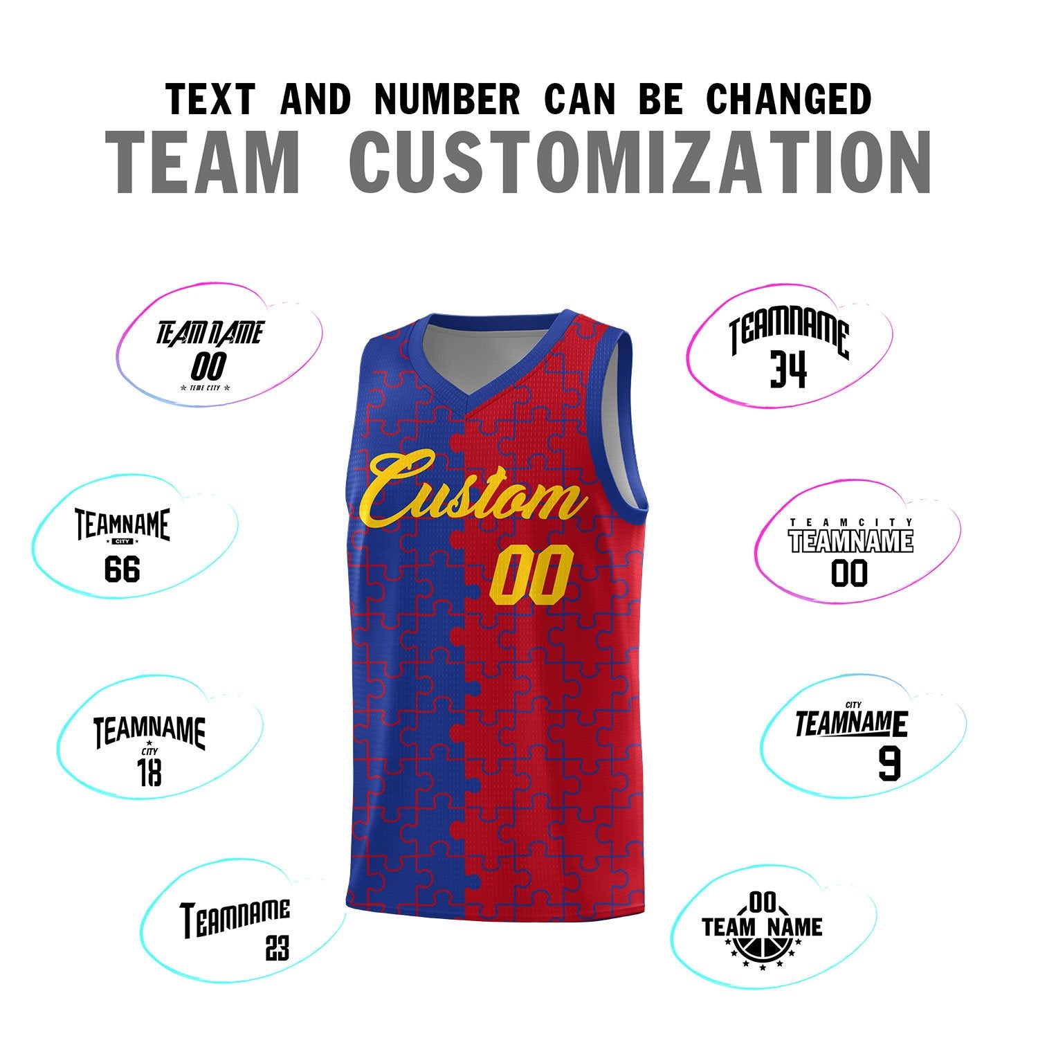 Custom Royal Red Splid Basketball Kits With Puzzle Pattern