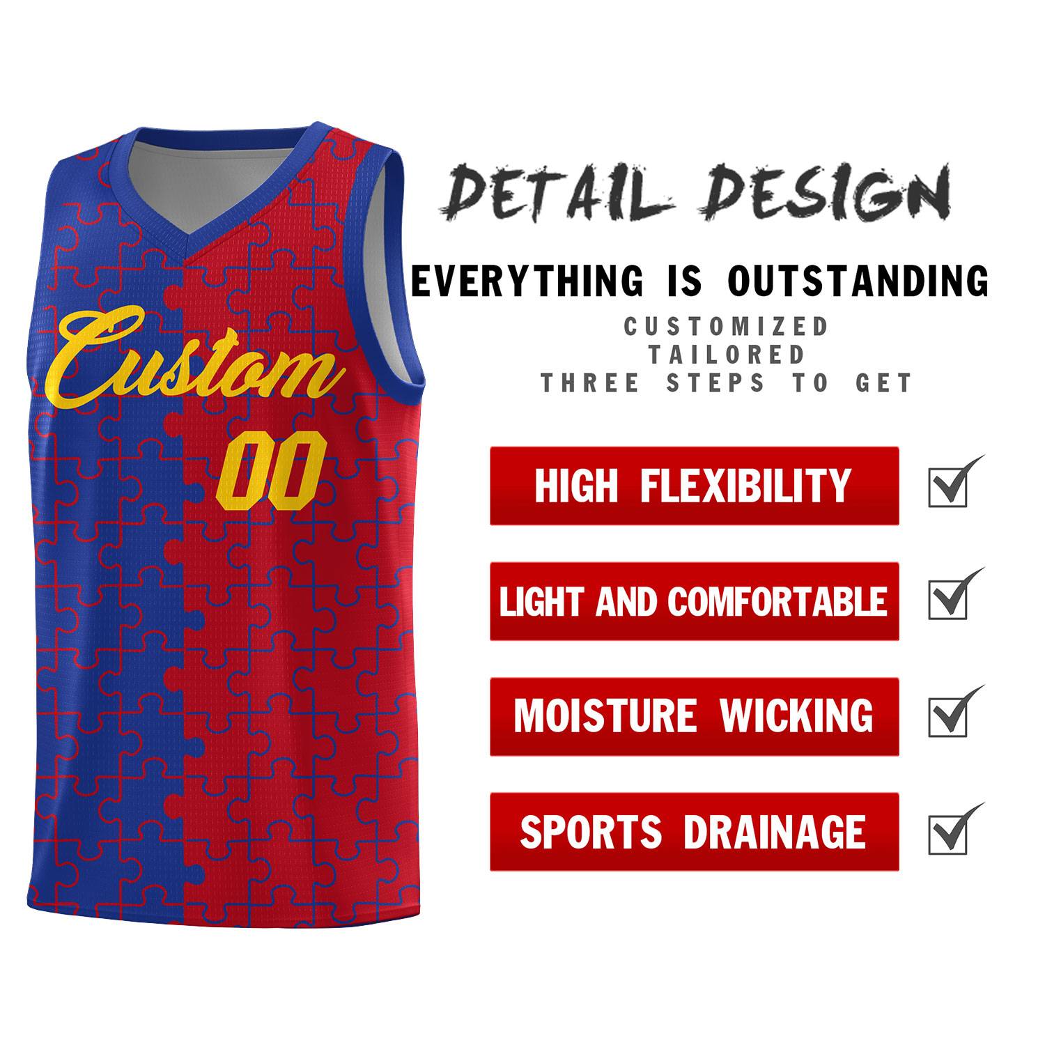 Custom Royal Red Splid Basketball Kits With Puzzle Pattern