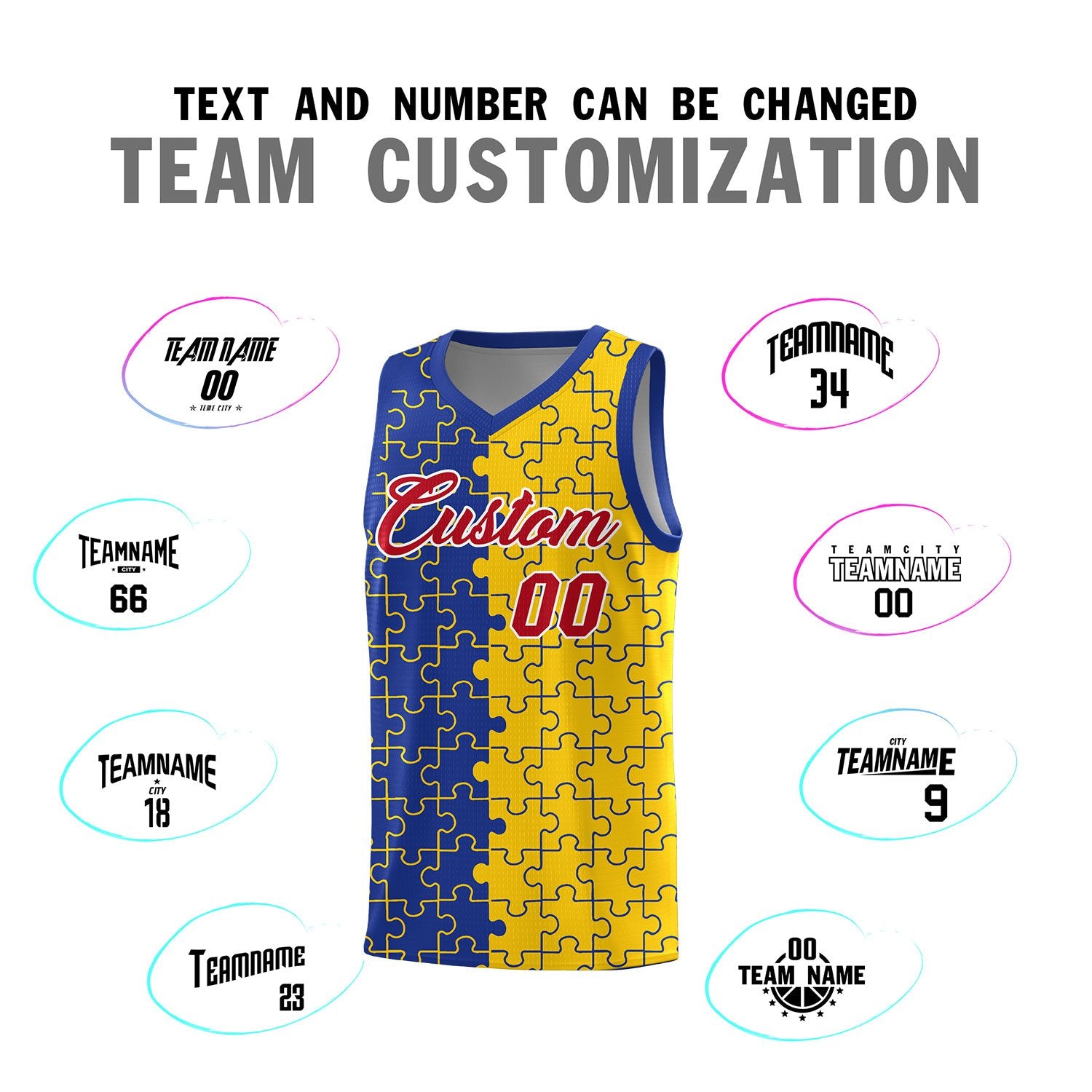 Custom Royal Gold Splid Basketball Kits With Puzzle Pattern