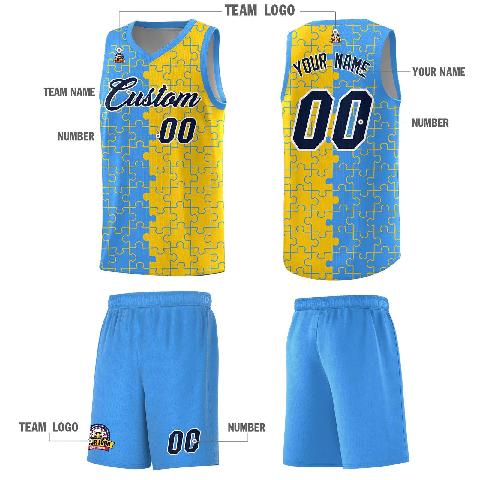 Custom Light Blue Gold Splid Basketball Kits With Puzzle Pattern