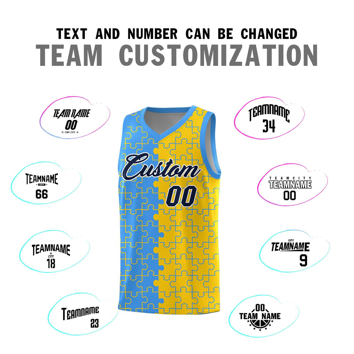 Custom Light Blue Gold Splid Basketball Kits With Puzzle Pattern